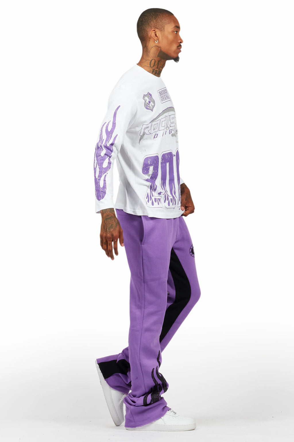 Amos Purple/White Long Sleeve T-Shirt/Stacked Baggy Pant Set
