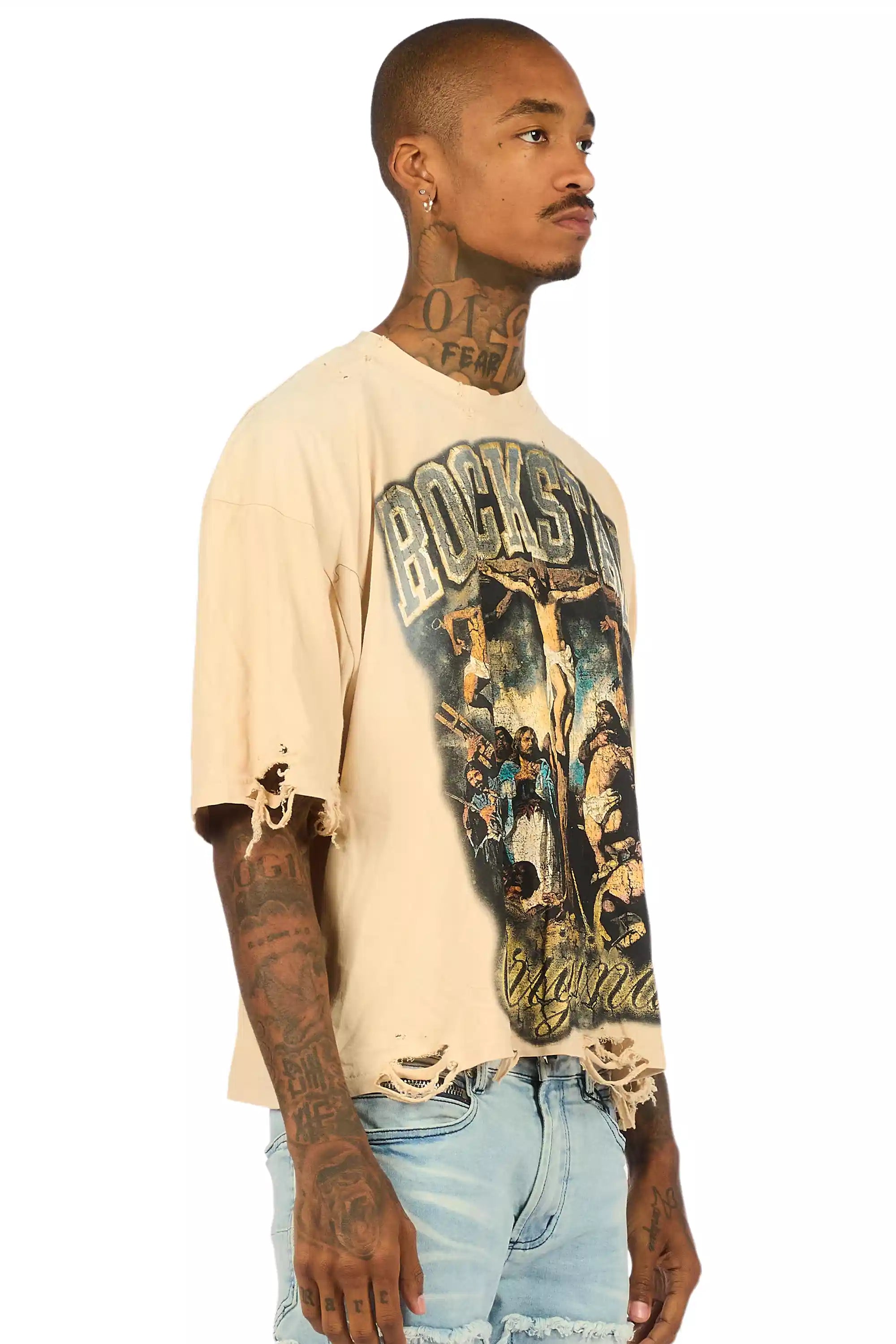 Waller Beige/Blue Boxy Crop T-Shirt