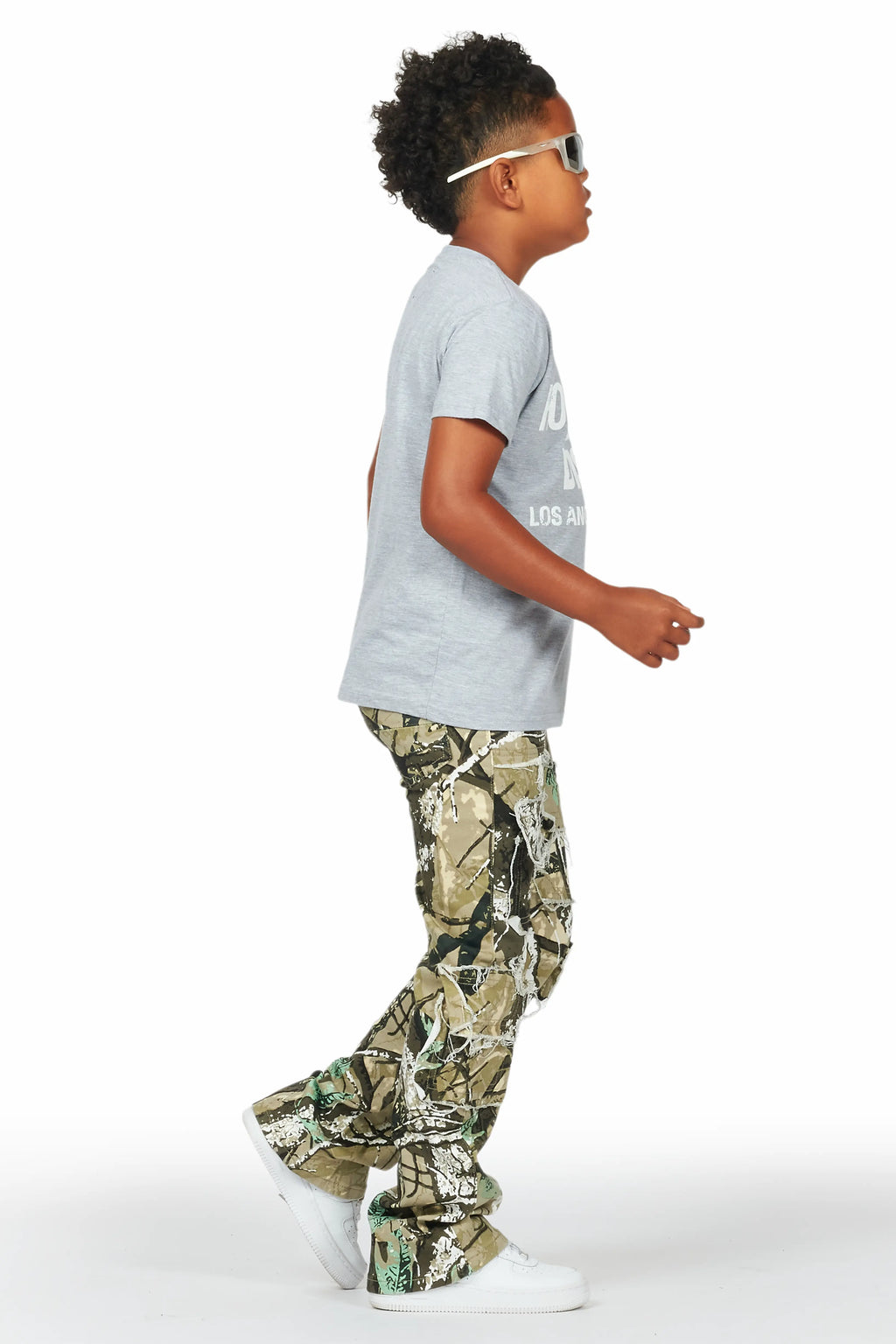 Boys Kyaire Grey/Tree Camo T-Shirt/Stacked Flare Jean Set