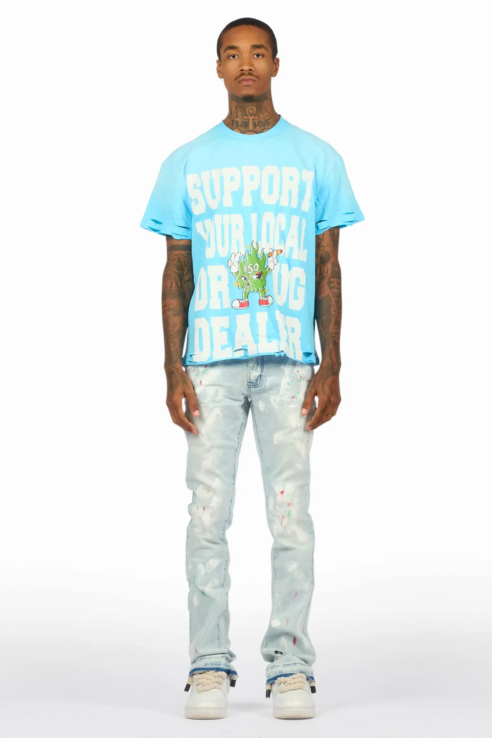 Tarl Blue Oversized T-Shirt/Stacked Flare Jean Set