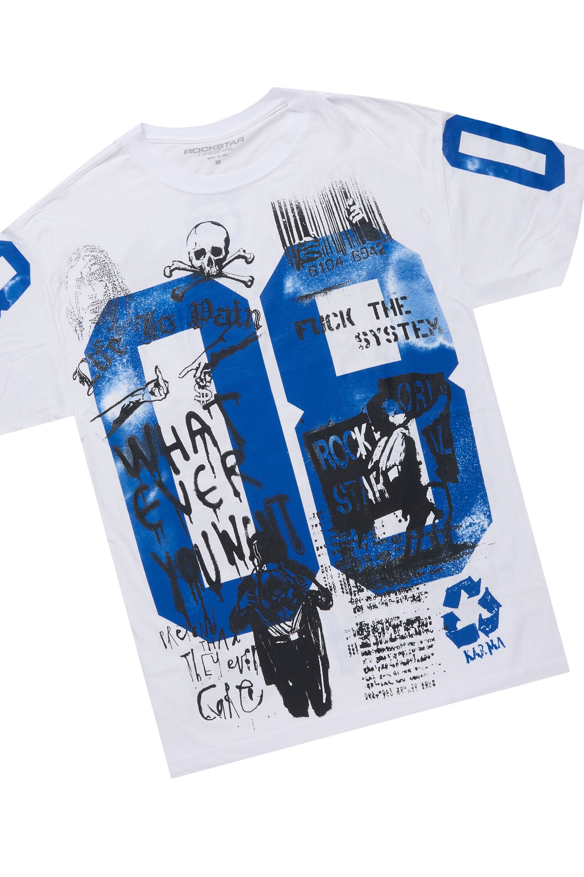 Grill White/Royal Blue Oversized Graphic T-Shirt/Dag Stacked Flare Jean Set