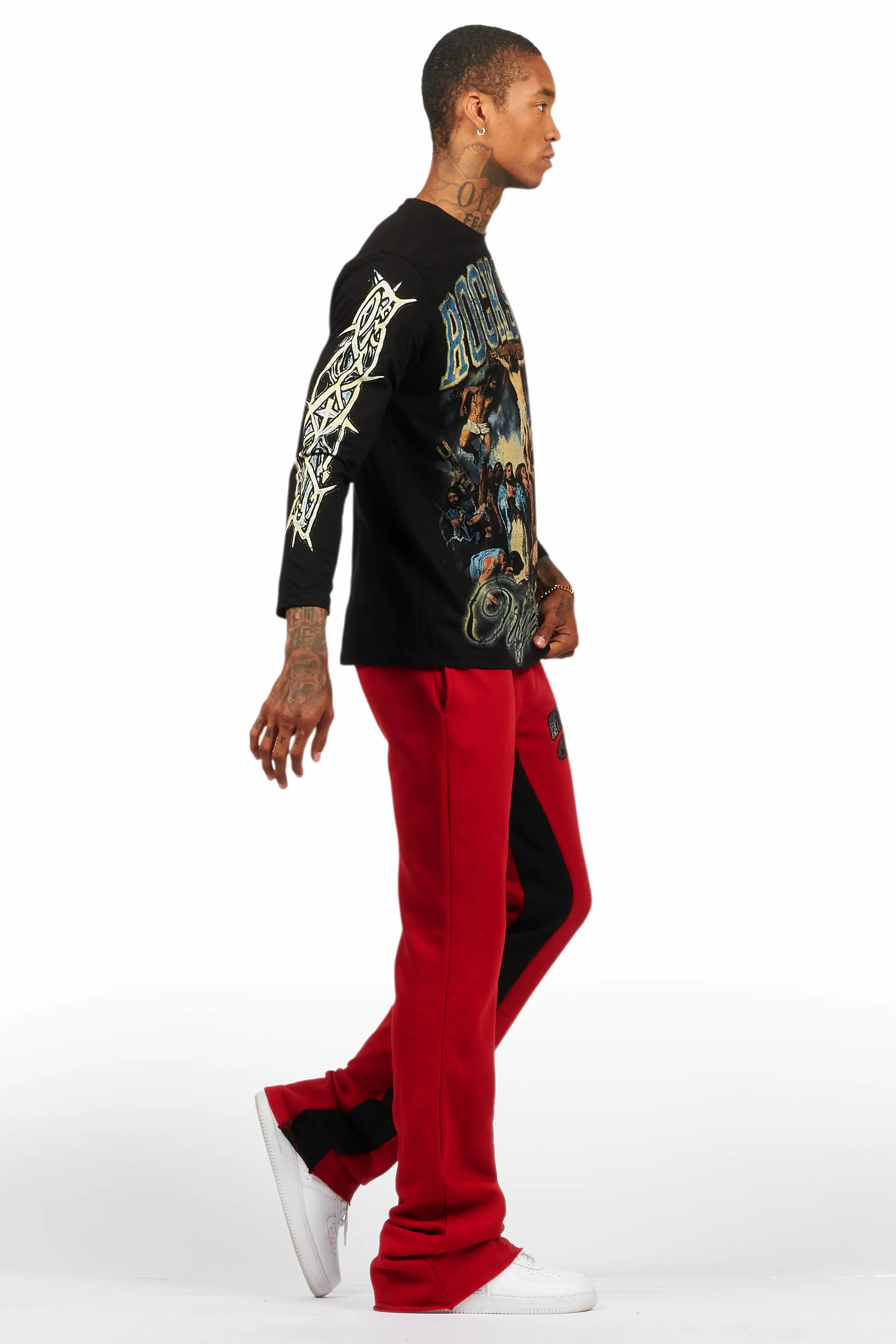 Waller Black/Burgundy Long Sleeve T-Shirt/Baggy Pant Set