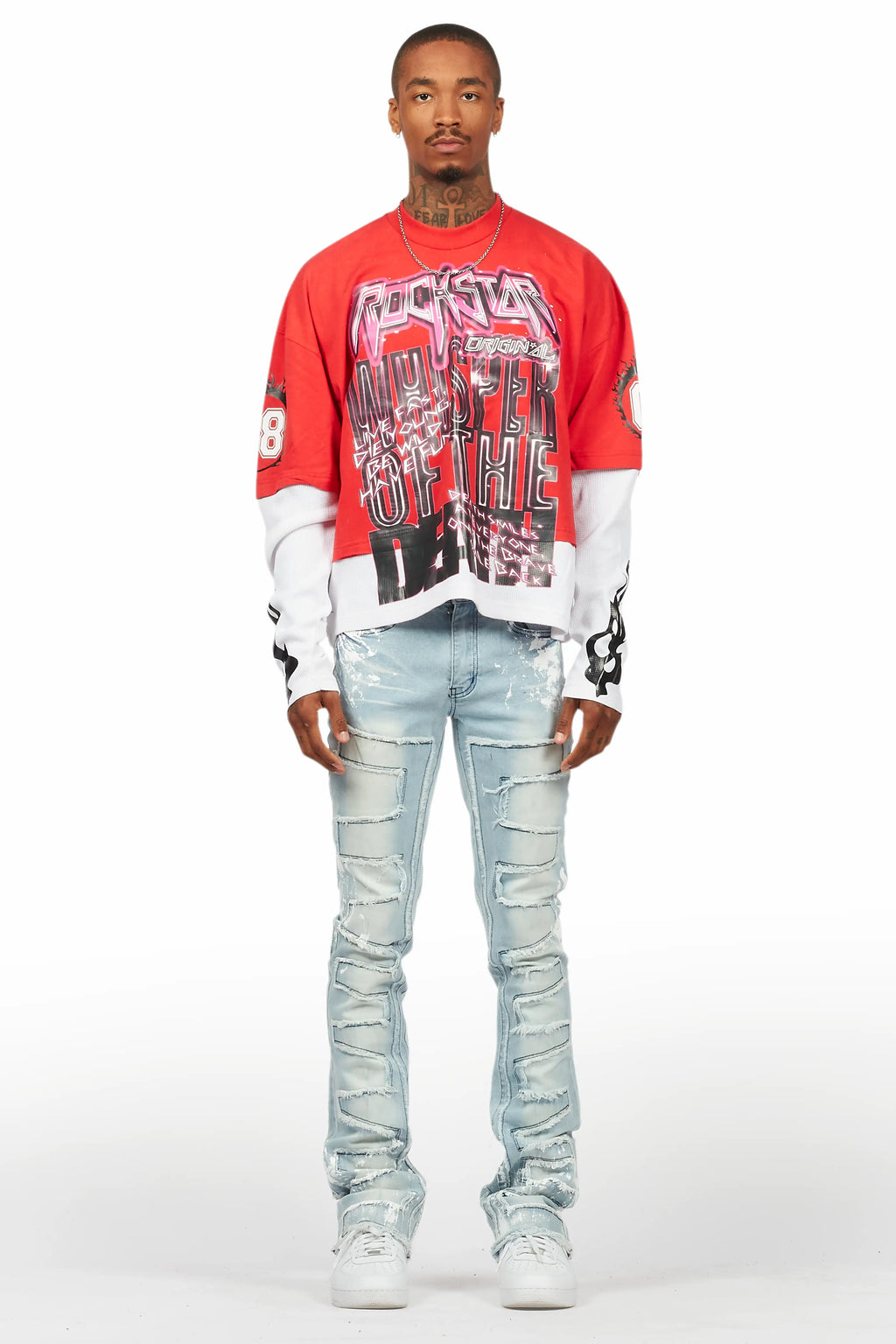 Kodak Blue/White Painter Stacked Flare Fringe Jean