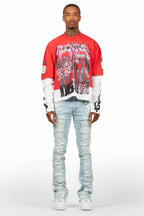 Kodak Blue/White Painter Stacked Flare Fringe Jean