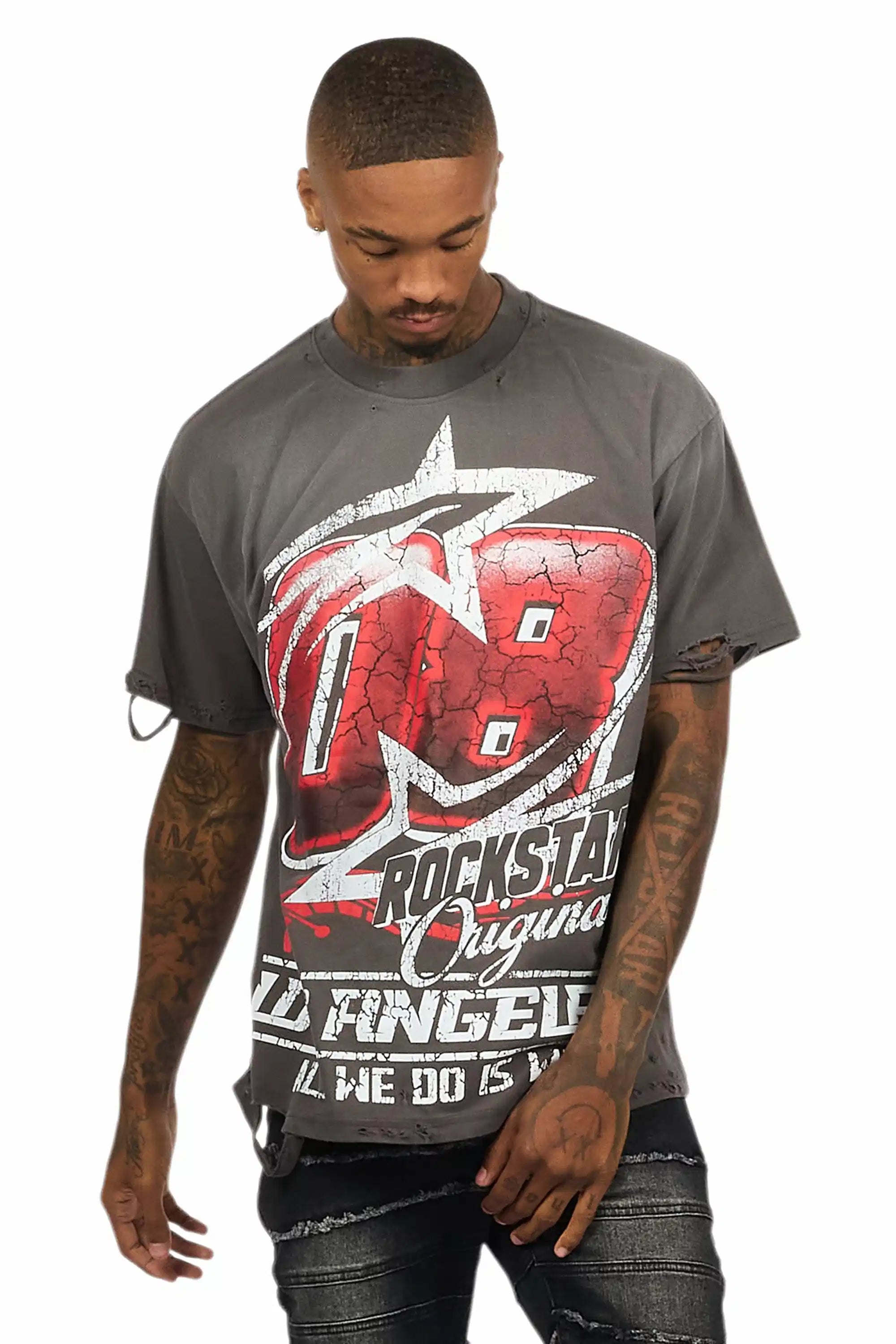 Kastell Vintage Grey Oversized Distressed Graphic T-Shirt