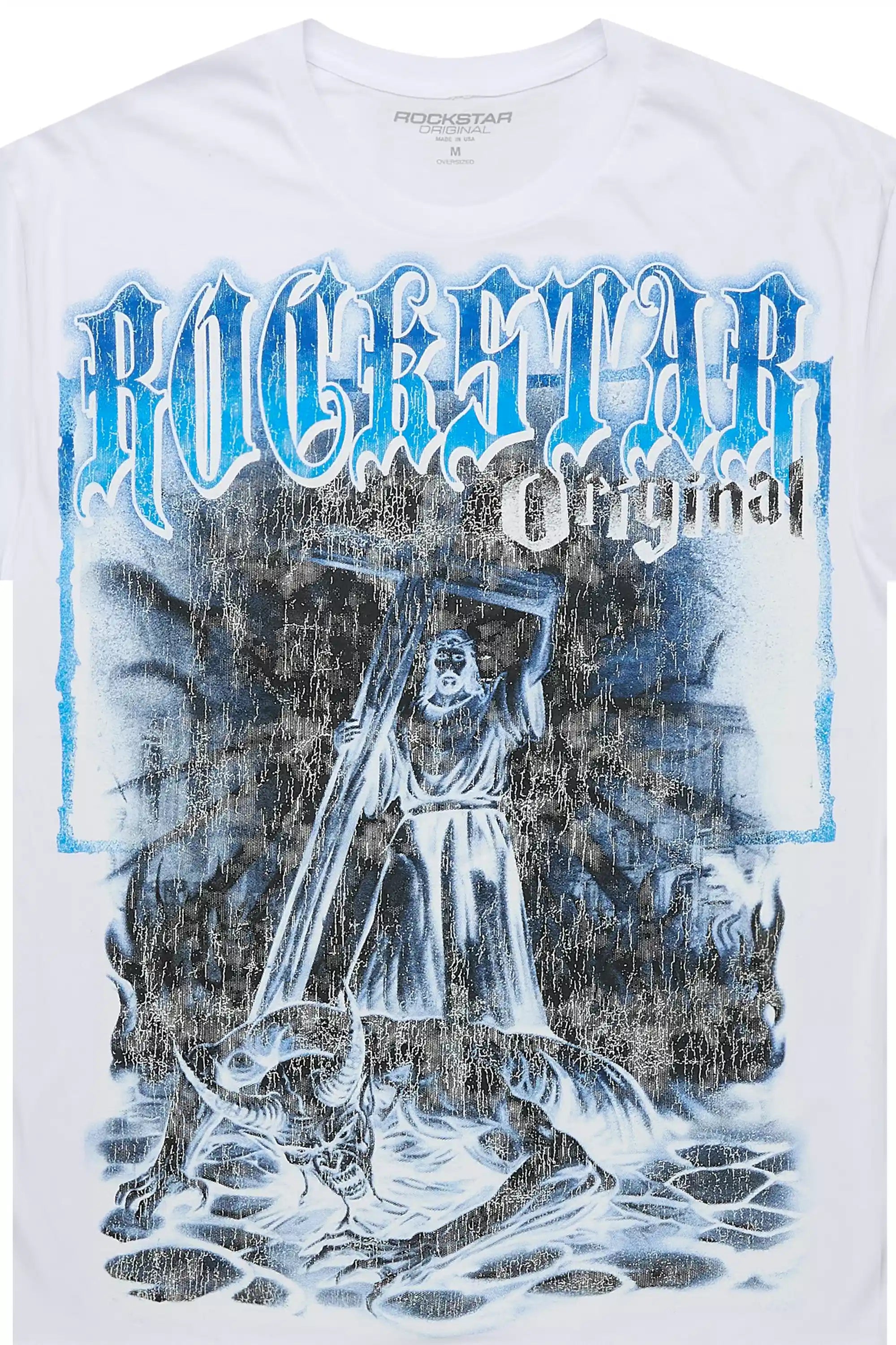 Renzo White/Blue Oversized Graphic T-Shirt