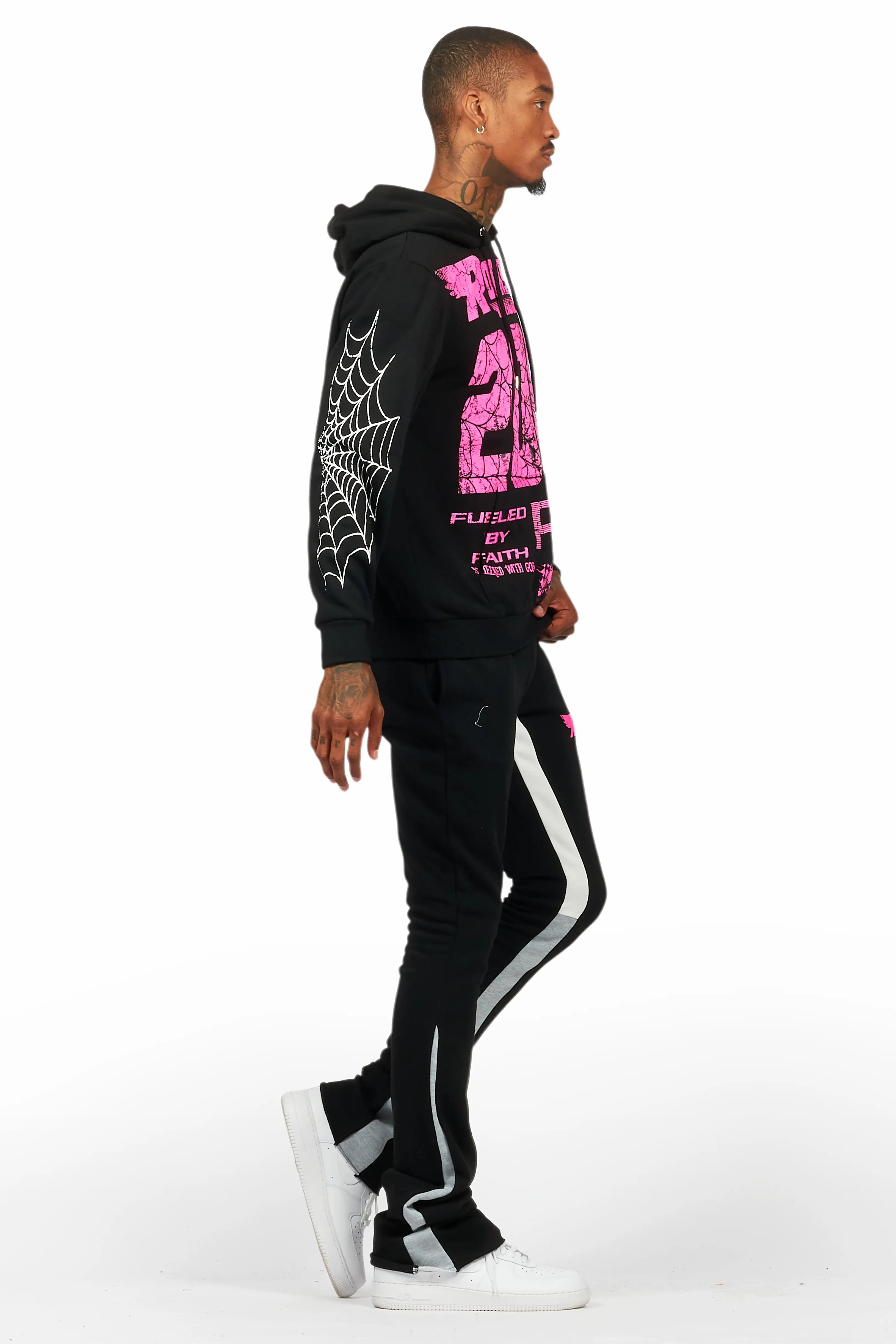 For Pinks Black Hoodie/Stack Flare Track Pant Set