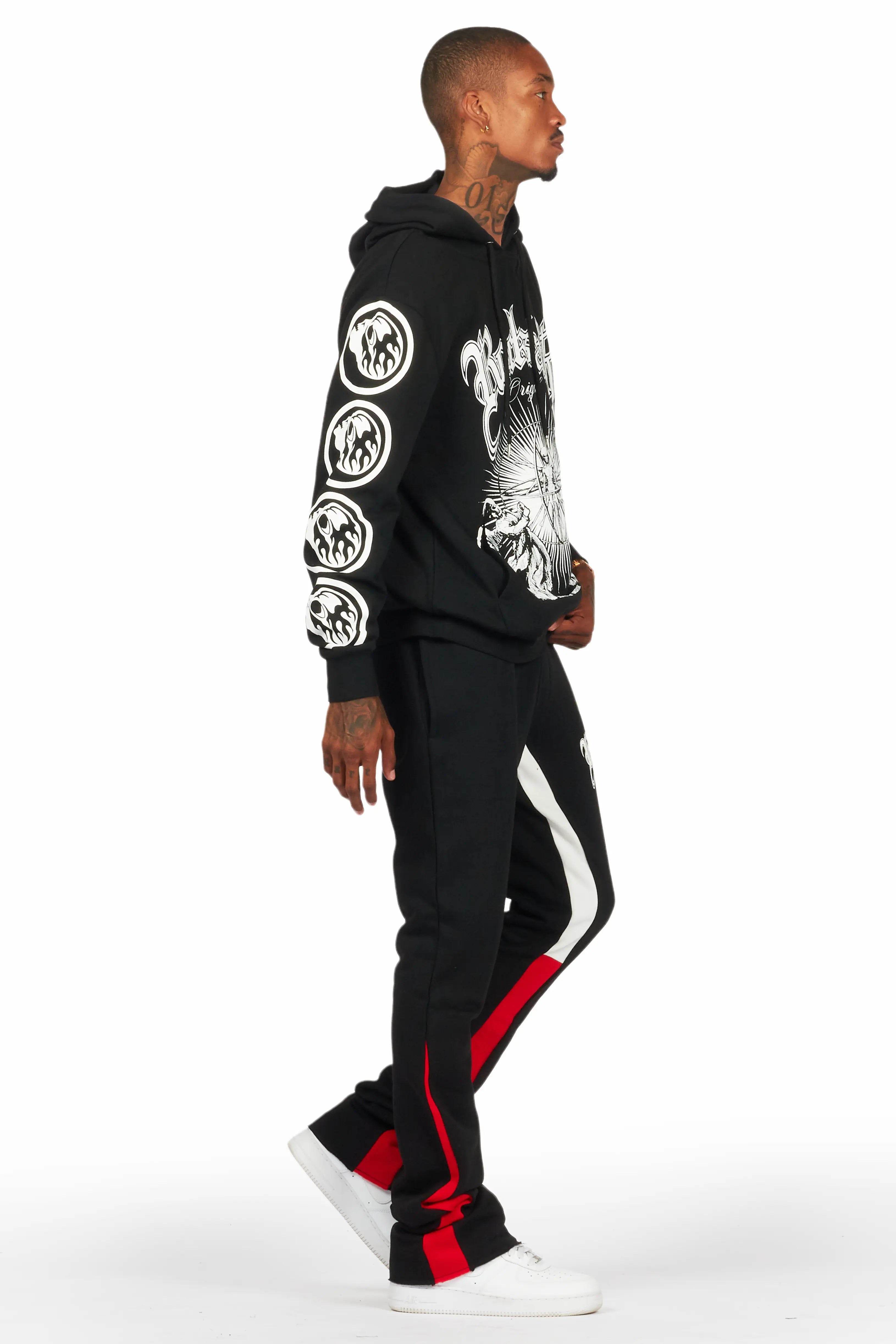 Yarden Black/Red Graphic Hoodie/Stacked Flare Pant Track Set
