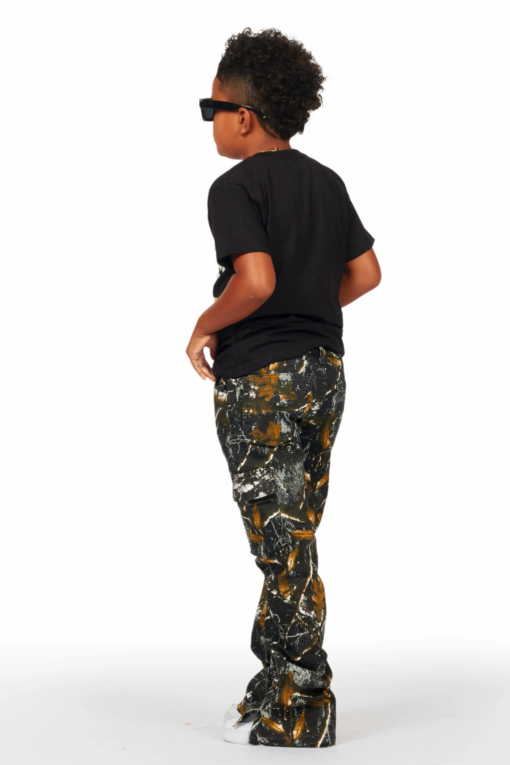 Boys Waage Black Tree Camo Stacked Flare Cargo Jean