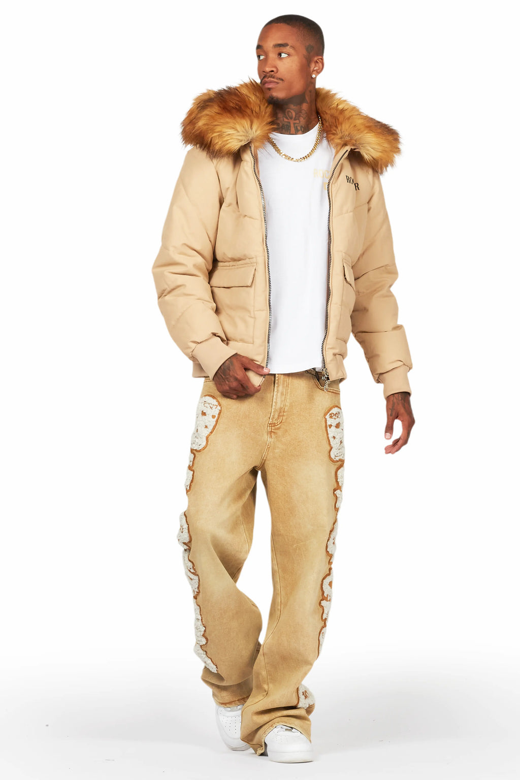 Langston Beige Puffer Jacket with Fur Hood