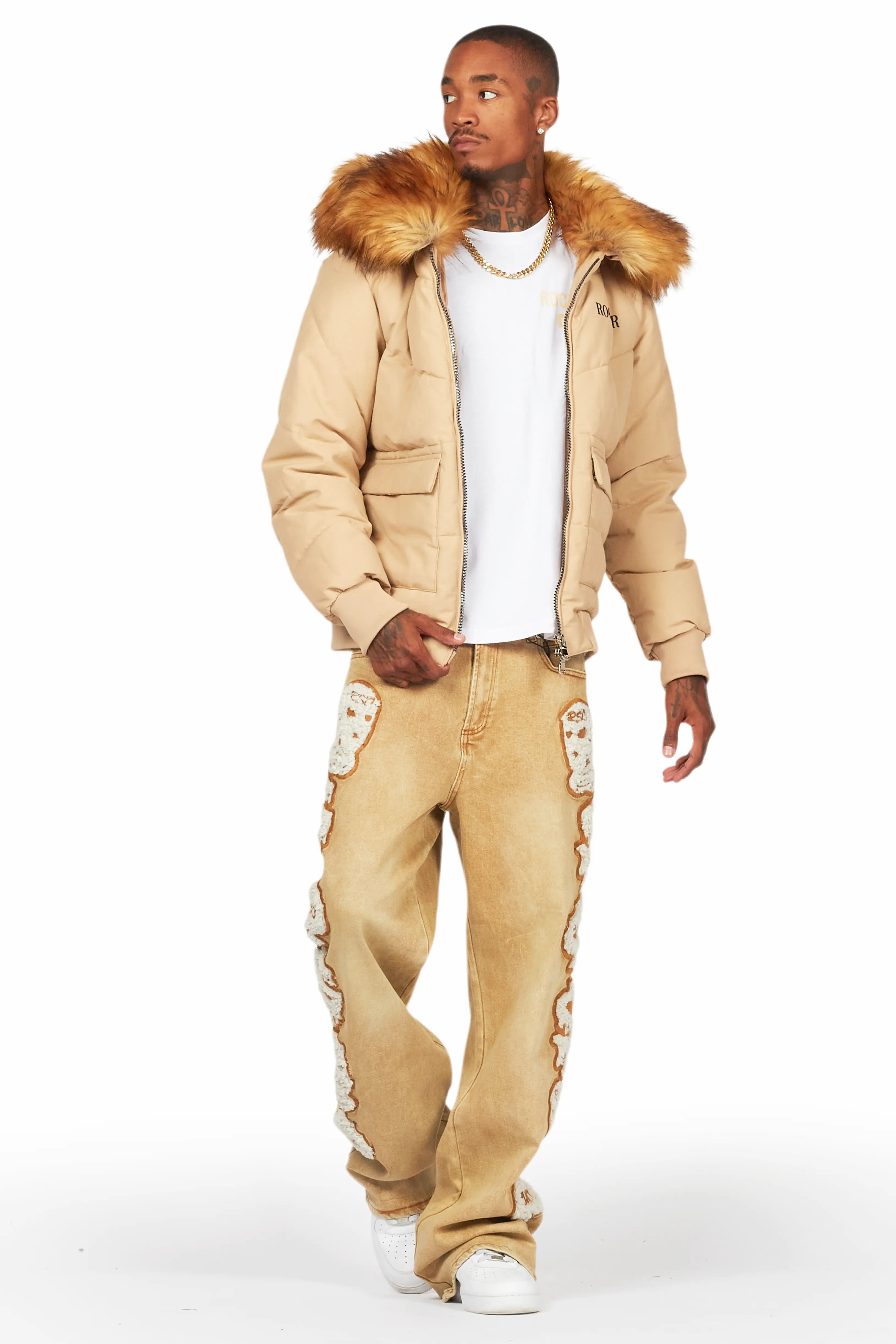 Langston Beige Puffer Jacket with Fur Hood