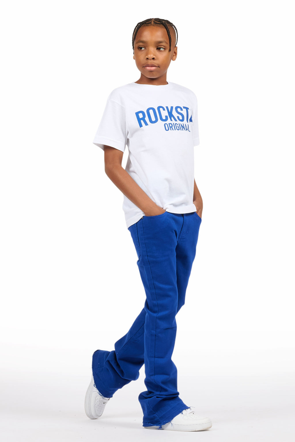 Boys Sana White/Royal T-Shirt/Dag Stacked Flare Jean Set