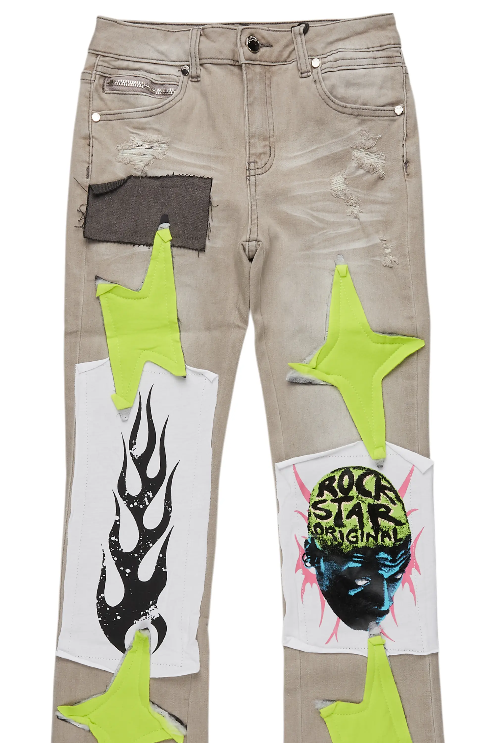 Boys Edgar Grey/Yellow Patchwork Stacked Flare Jean