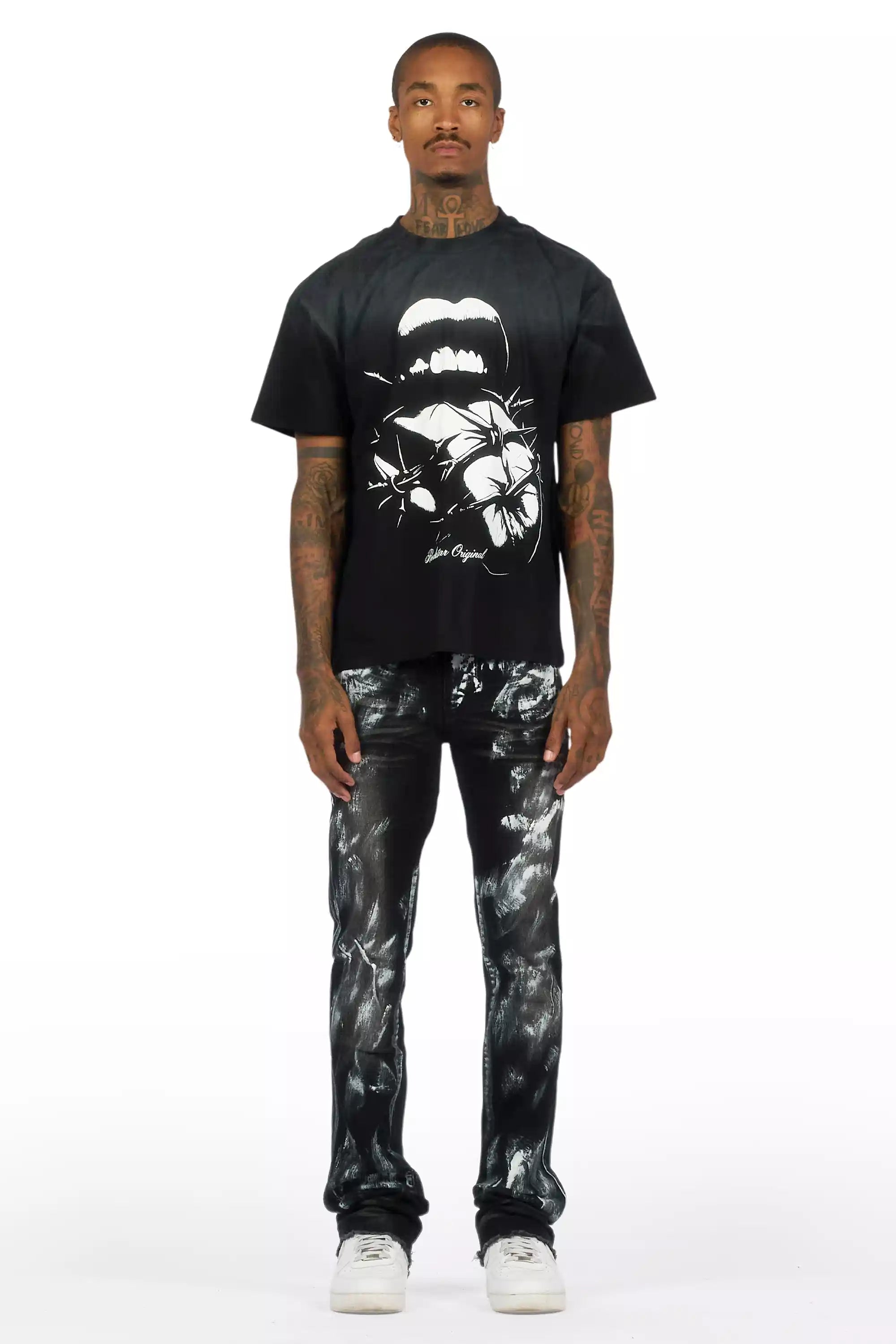 Schmear Black Oversized Graphic T-Shirt/Painted Stacked Flare Jean Bundle