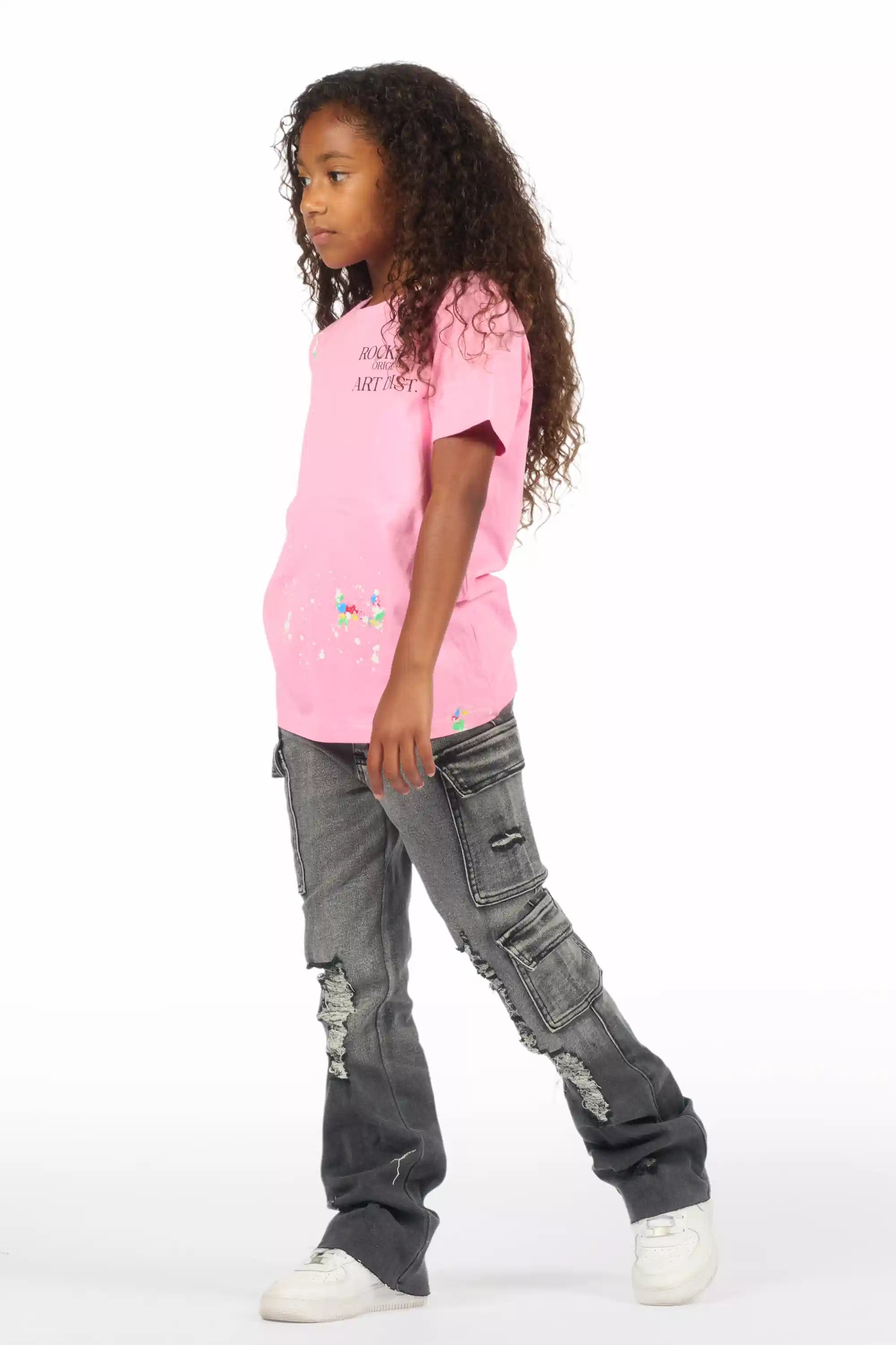 Girls Vixen Grey Wash Distressed Stacked Jean