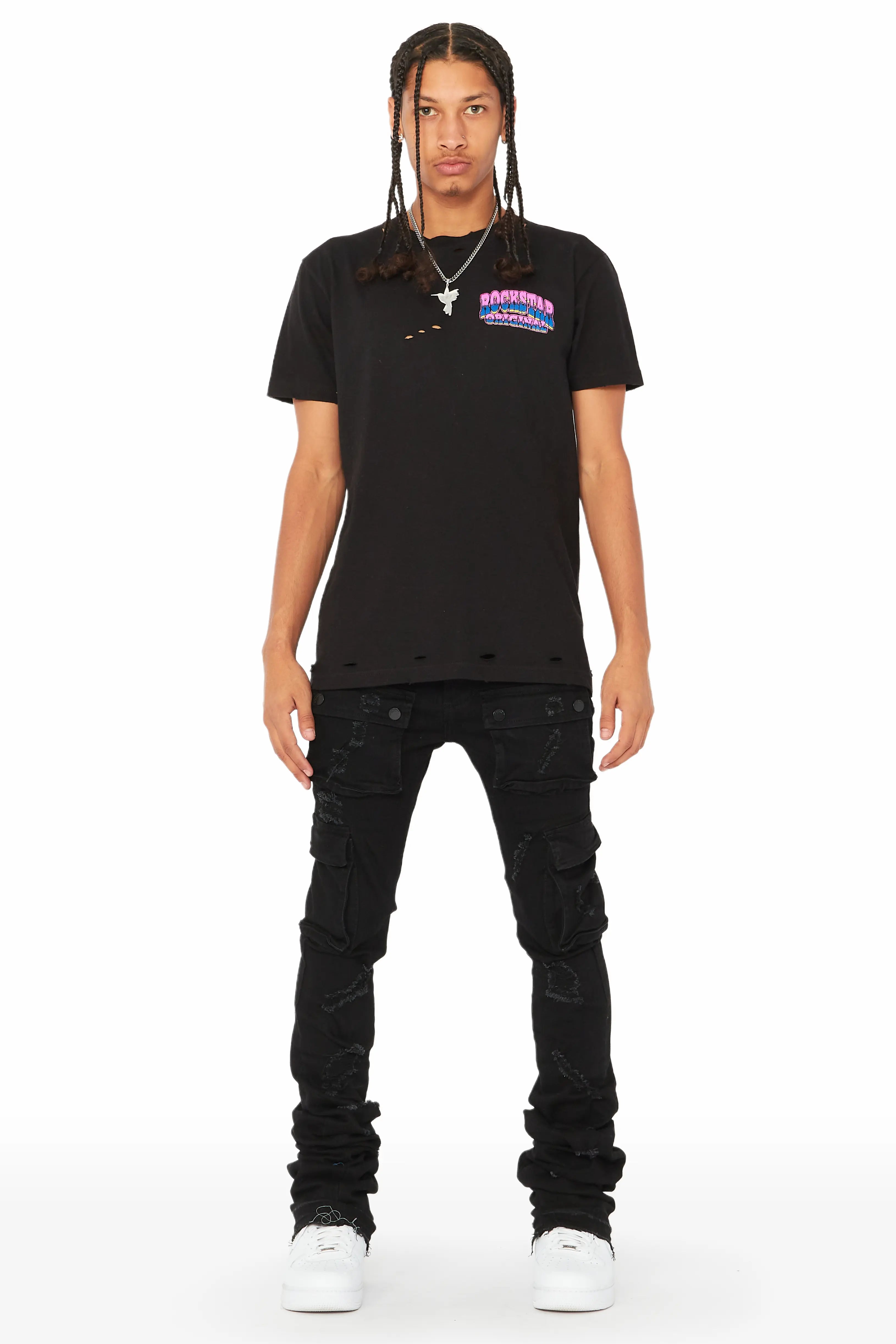 Zaire Black Cargo Super Stacked Flare Jean