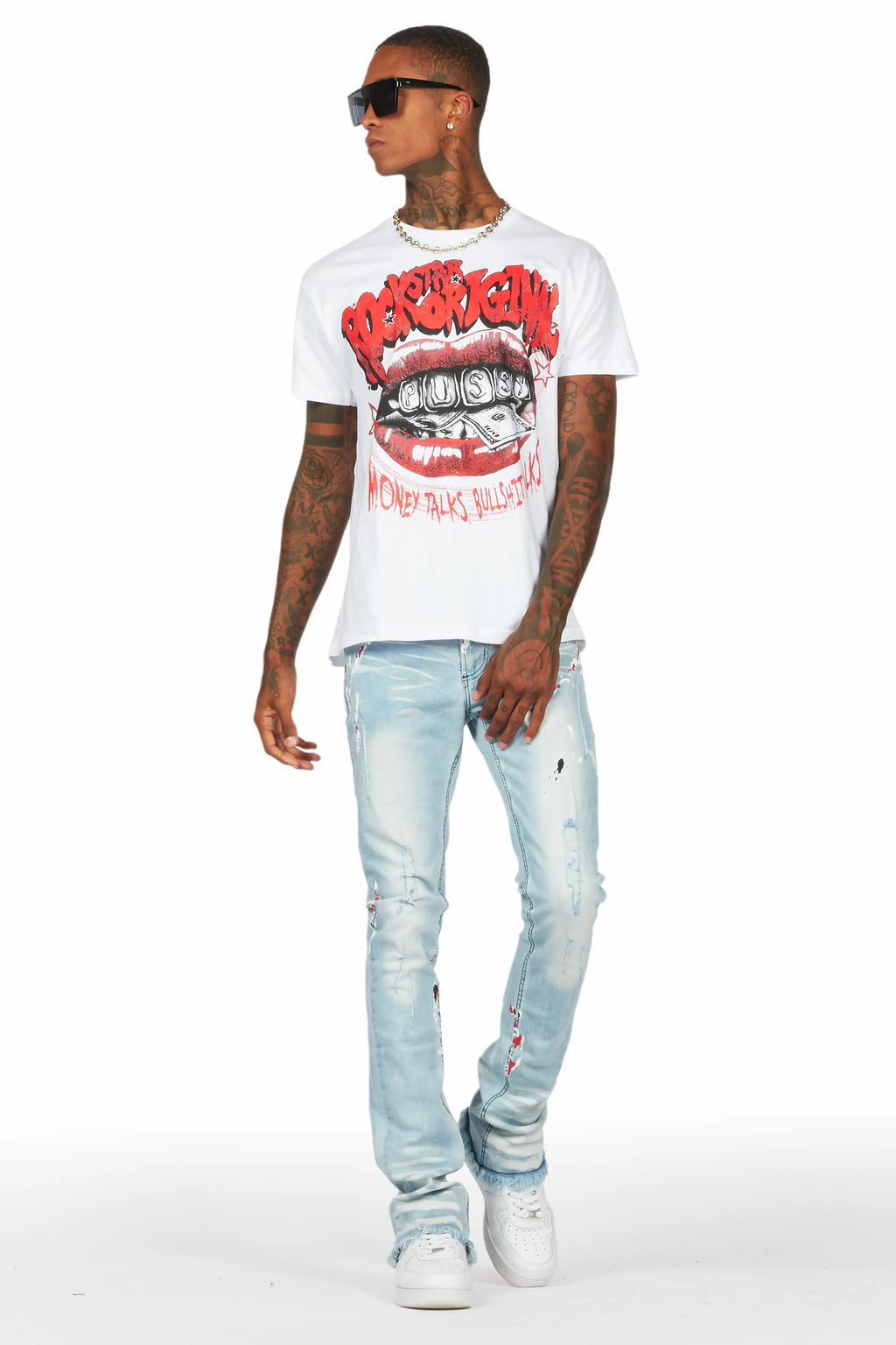 Bloke White/Blue T-Shirt/Stacked Flare Jean Set