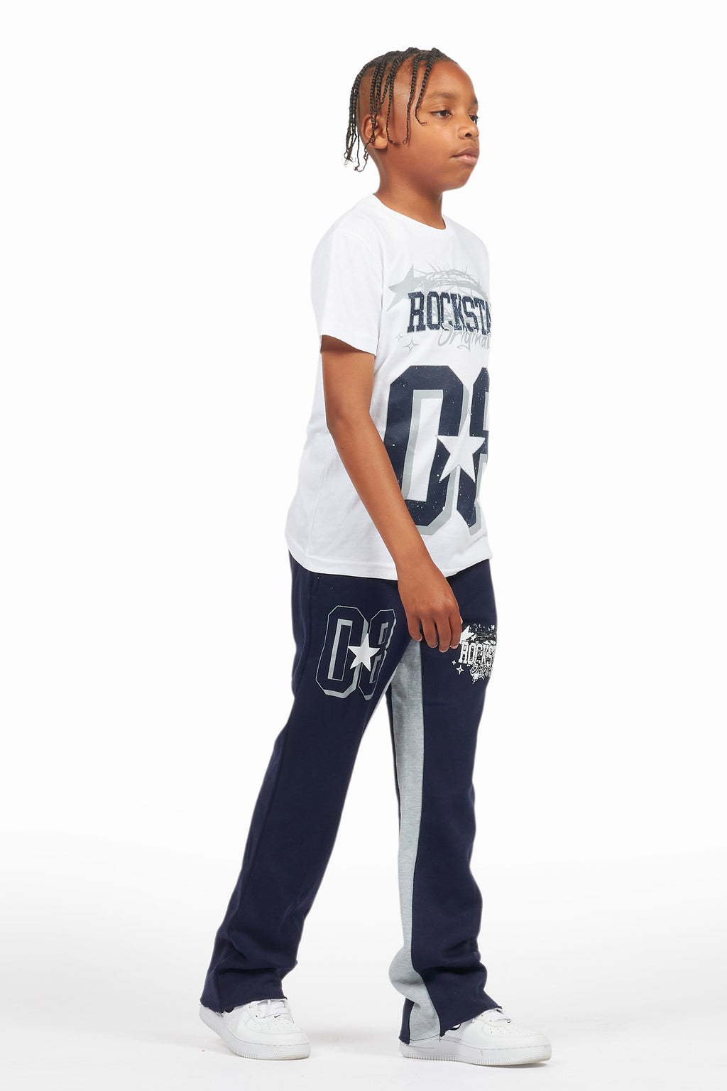 Boys Allstar White/Navy T-Shirt/Stacked Baggy Flare Pant Set