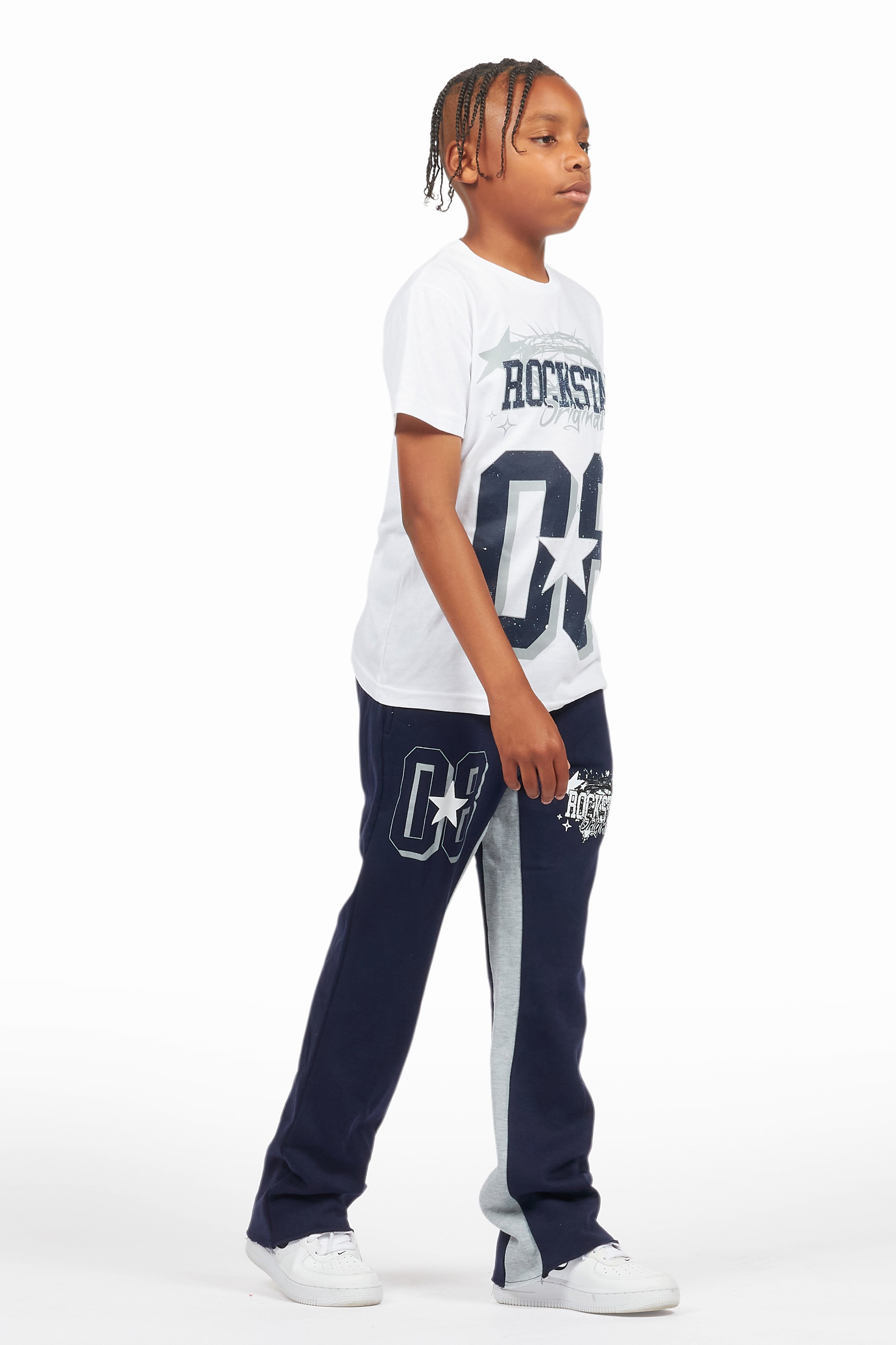 Boys Allstar White/Navy T-Shirt/Stacked Baggy Flare Pant Set