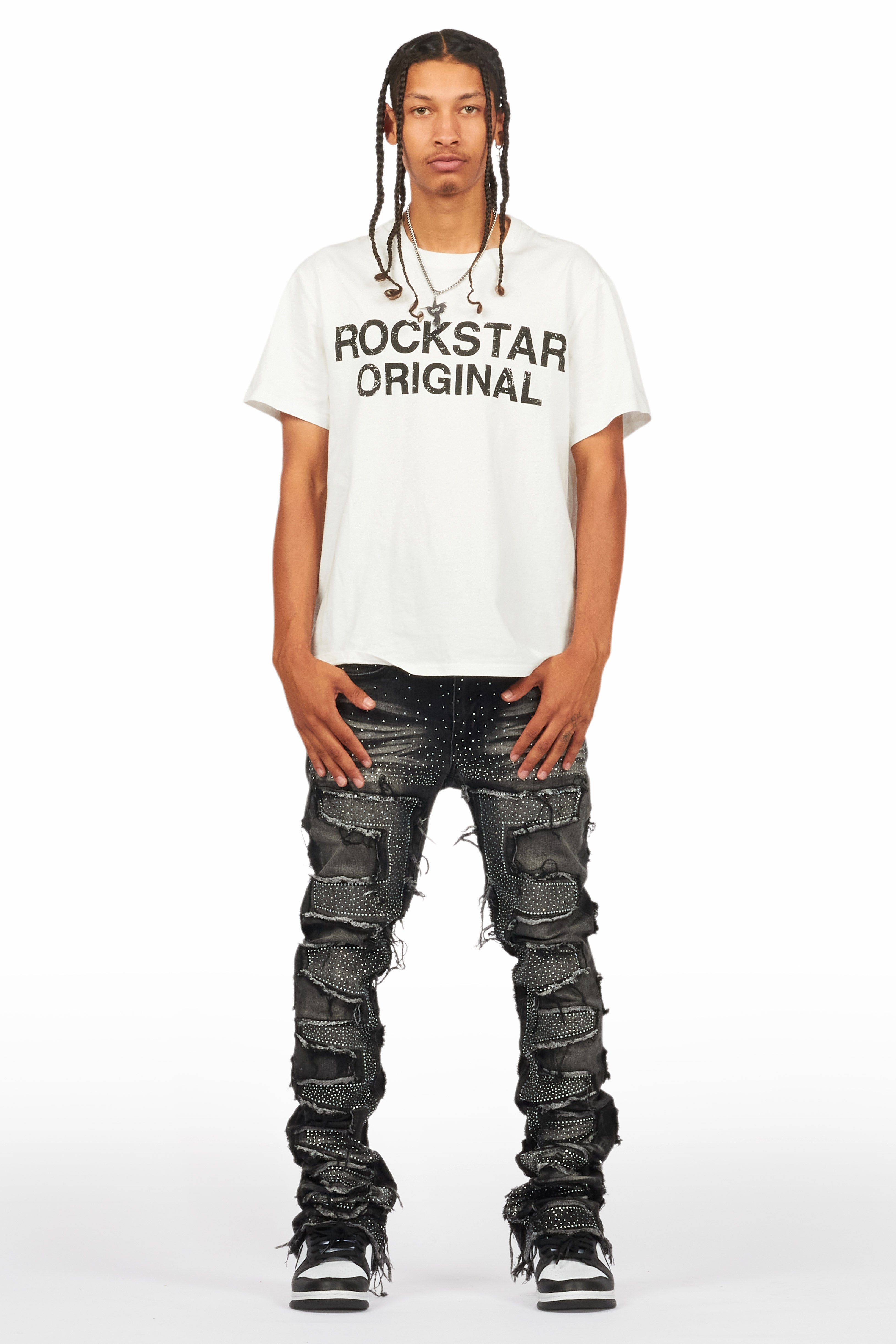 Shake Dark Grey Rhinestone Stacked Flare Jean