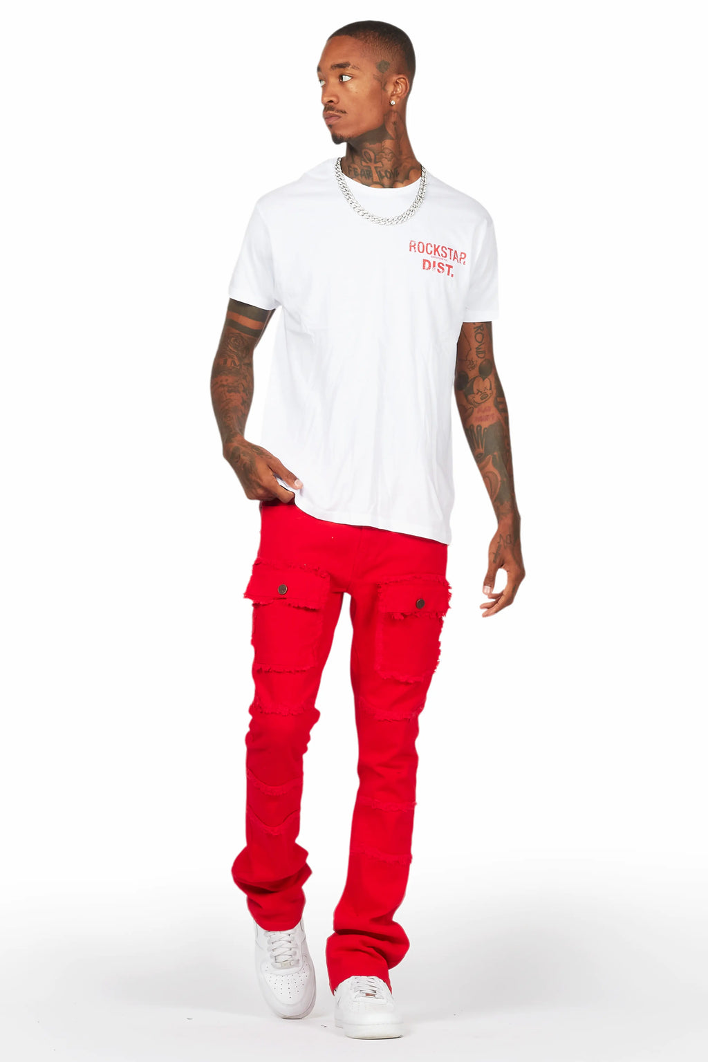 Lake White/Red T-Shirt/Stacked Flare Cargo Jean Bundle