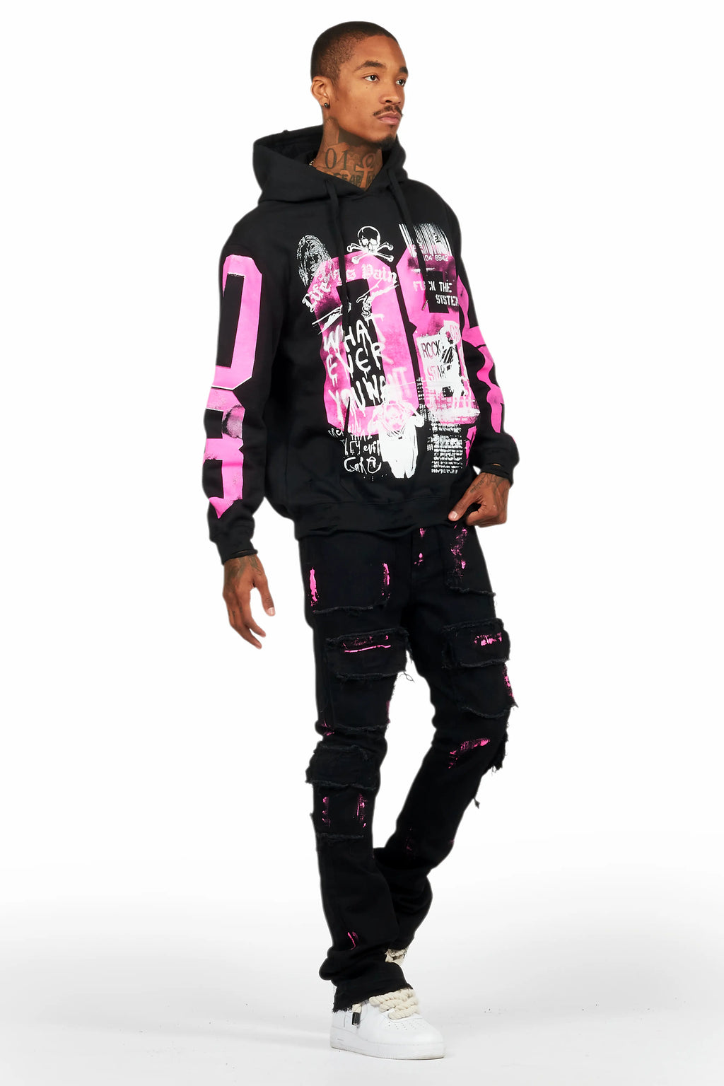 Grill Black/Pink Hoodie/Stacked Flare Jean Bundle