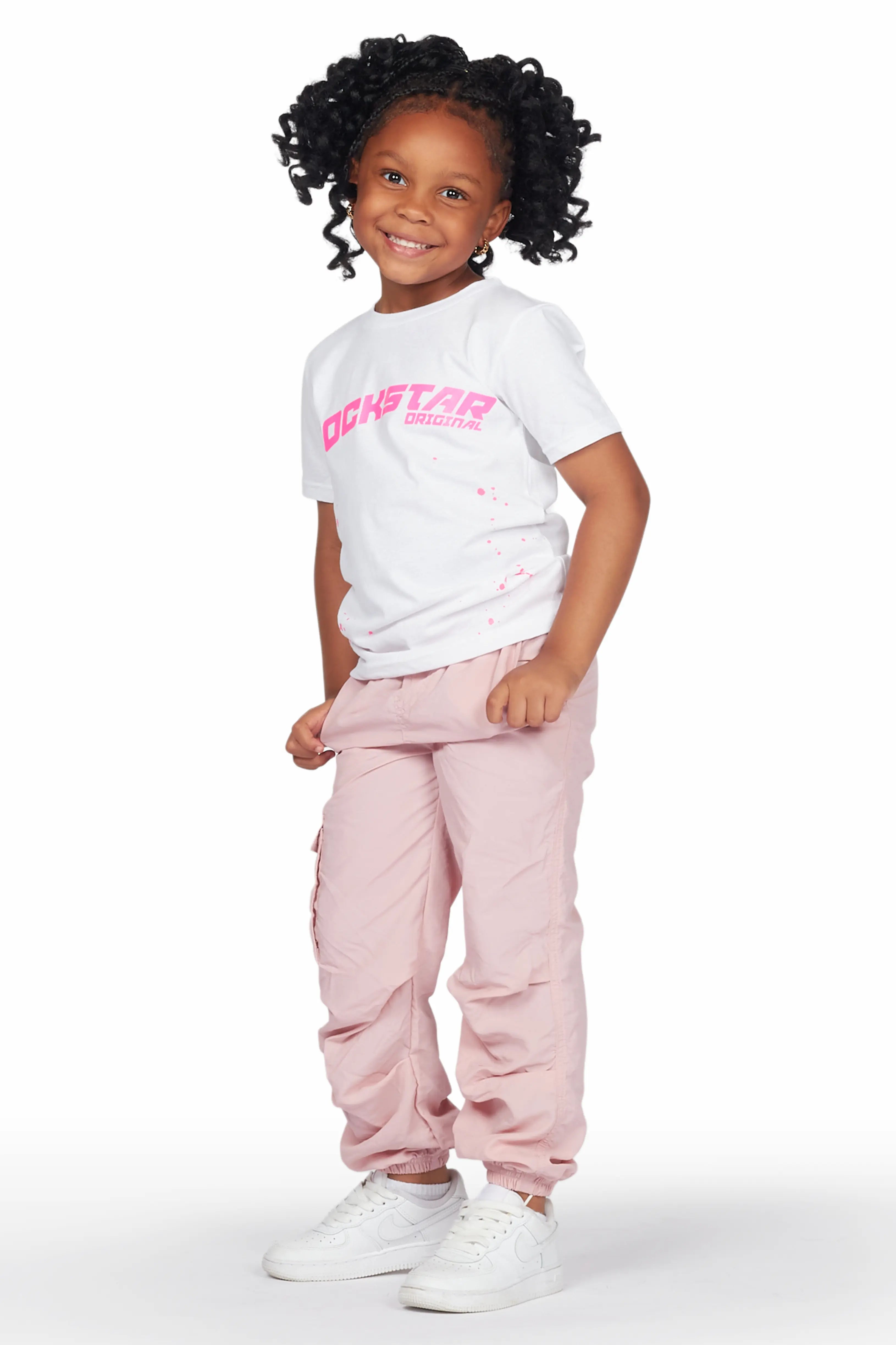 Girls Quincy White/Pink T-Shirt Cargo Jogger Set