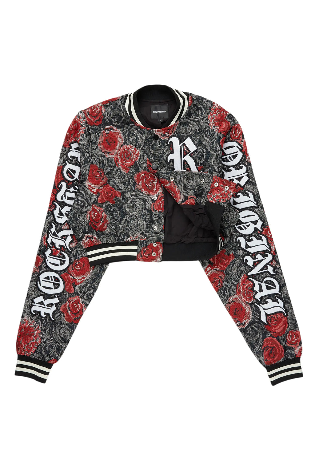 Darresha Black/Red Crop Tapestry Varsity Jacket