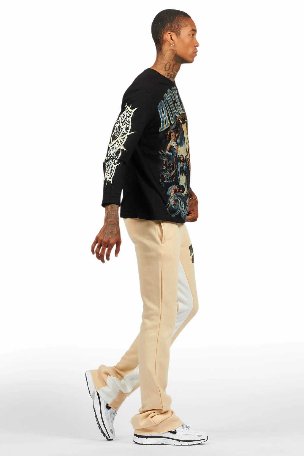 Waller Black/Beige Long Sleeve T-Shirt/Baggy Pant Set