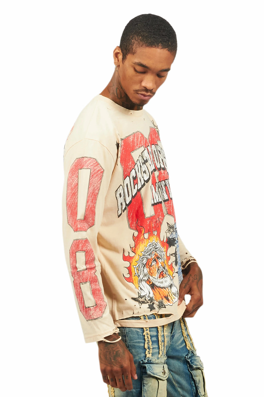 Jesus Crayon Beige Long Sleeve Graphic T-Shirt