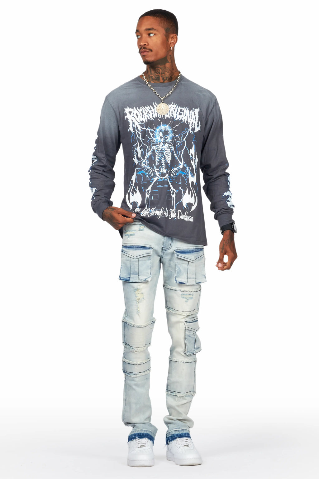 Folant Light Blue Stacked Cargo Flare Jean