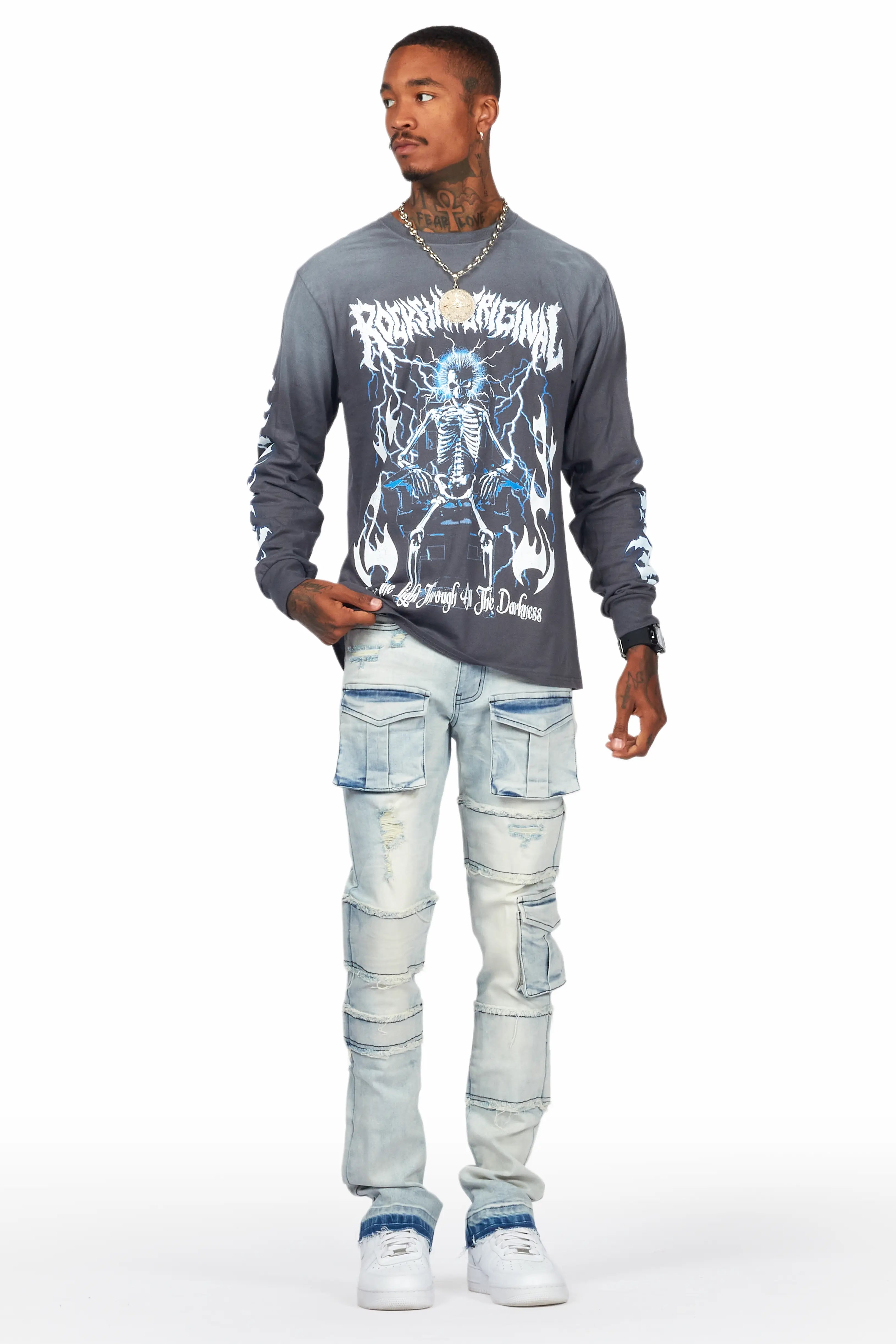 Folant Light Blue Stacked Cargo Flare Jean