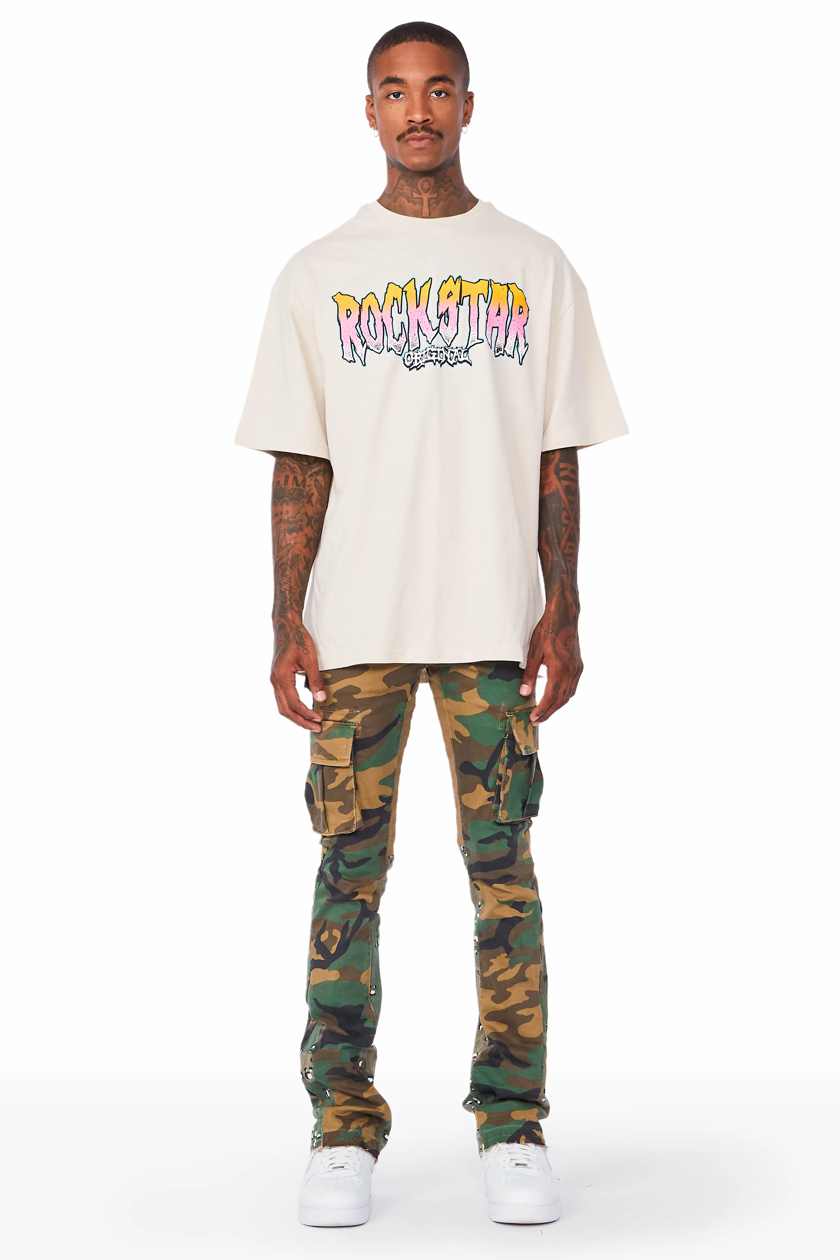 Kirrem Faded Camo Stacked Flare Jean