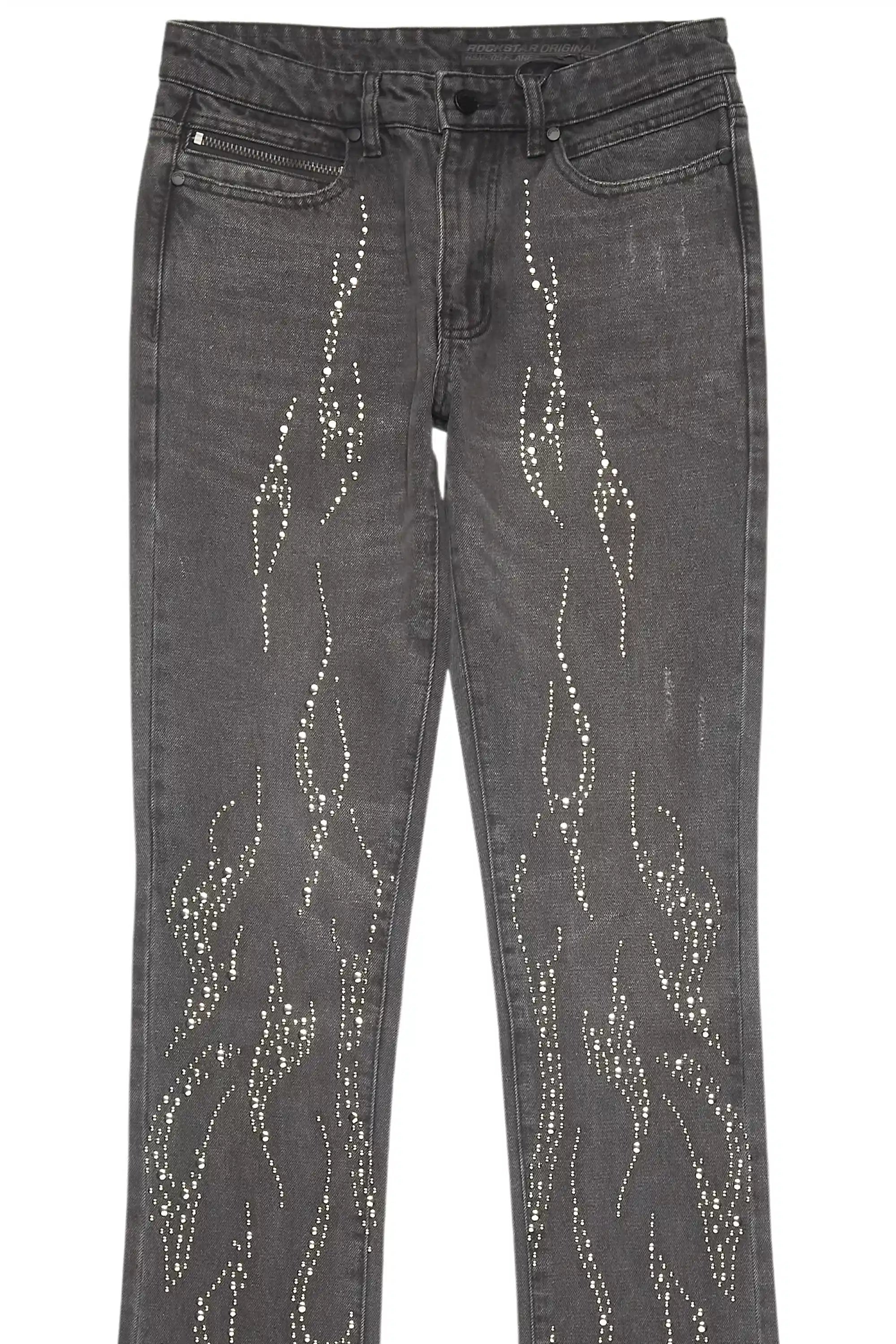 Tachi Dark Grey Rhinestone Stacked Flare Jean