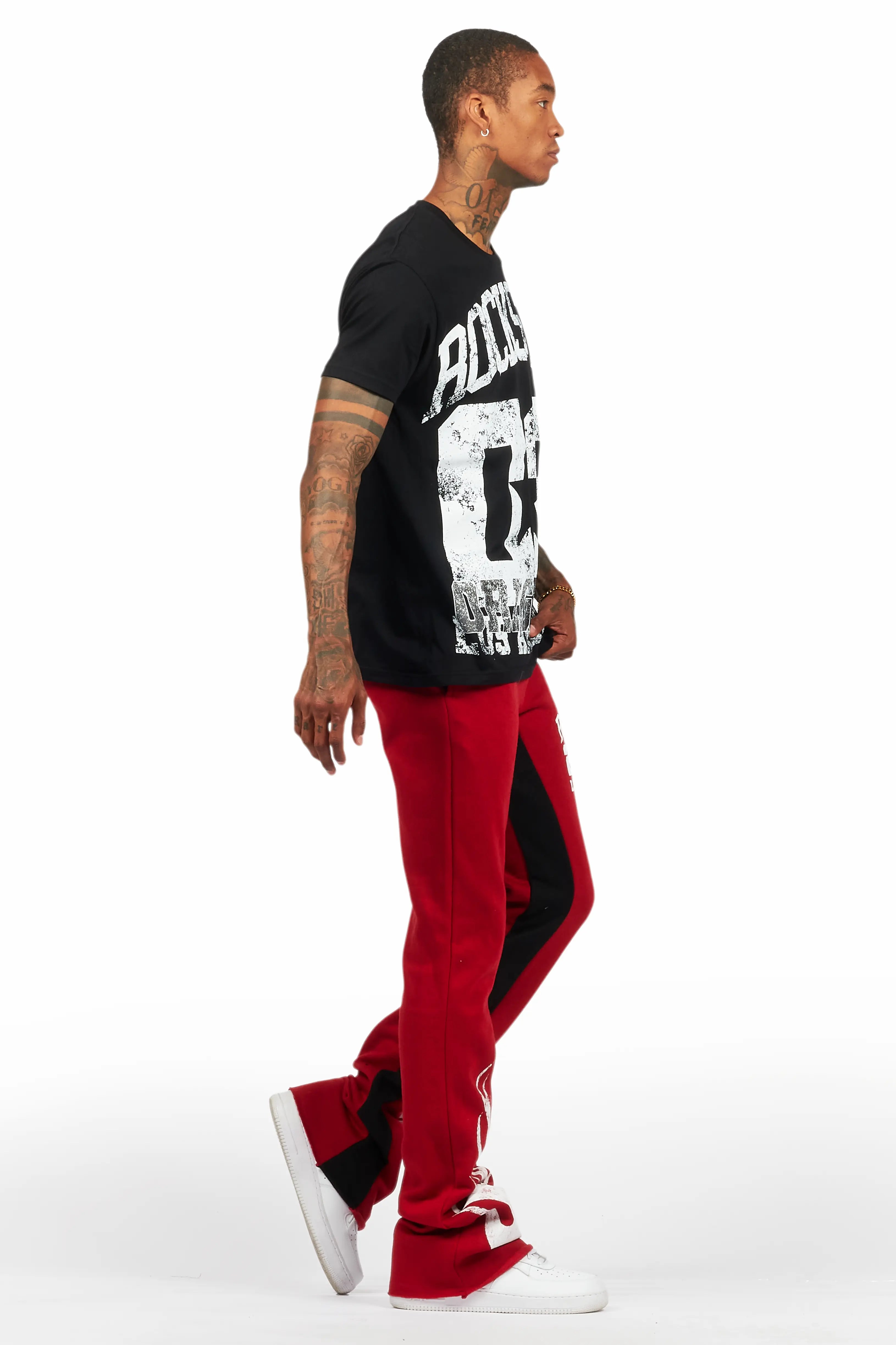 Edel Black/Burgundy T-Shirt/Stacked Baggy Track Pant Set