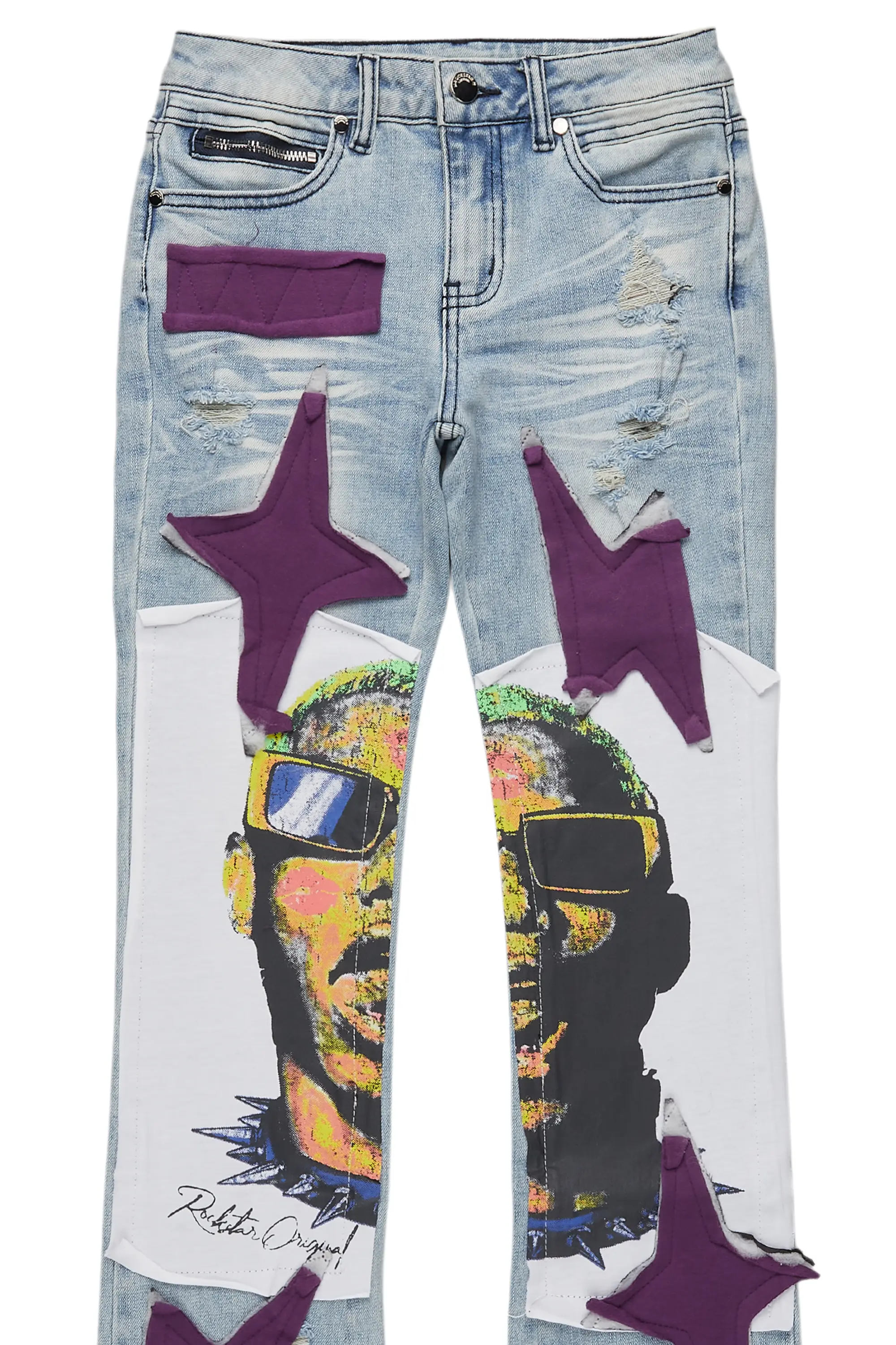 Boys Savage Blue Patchwork Stacked Flare Jean