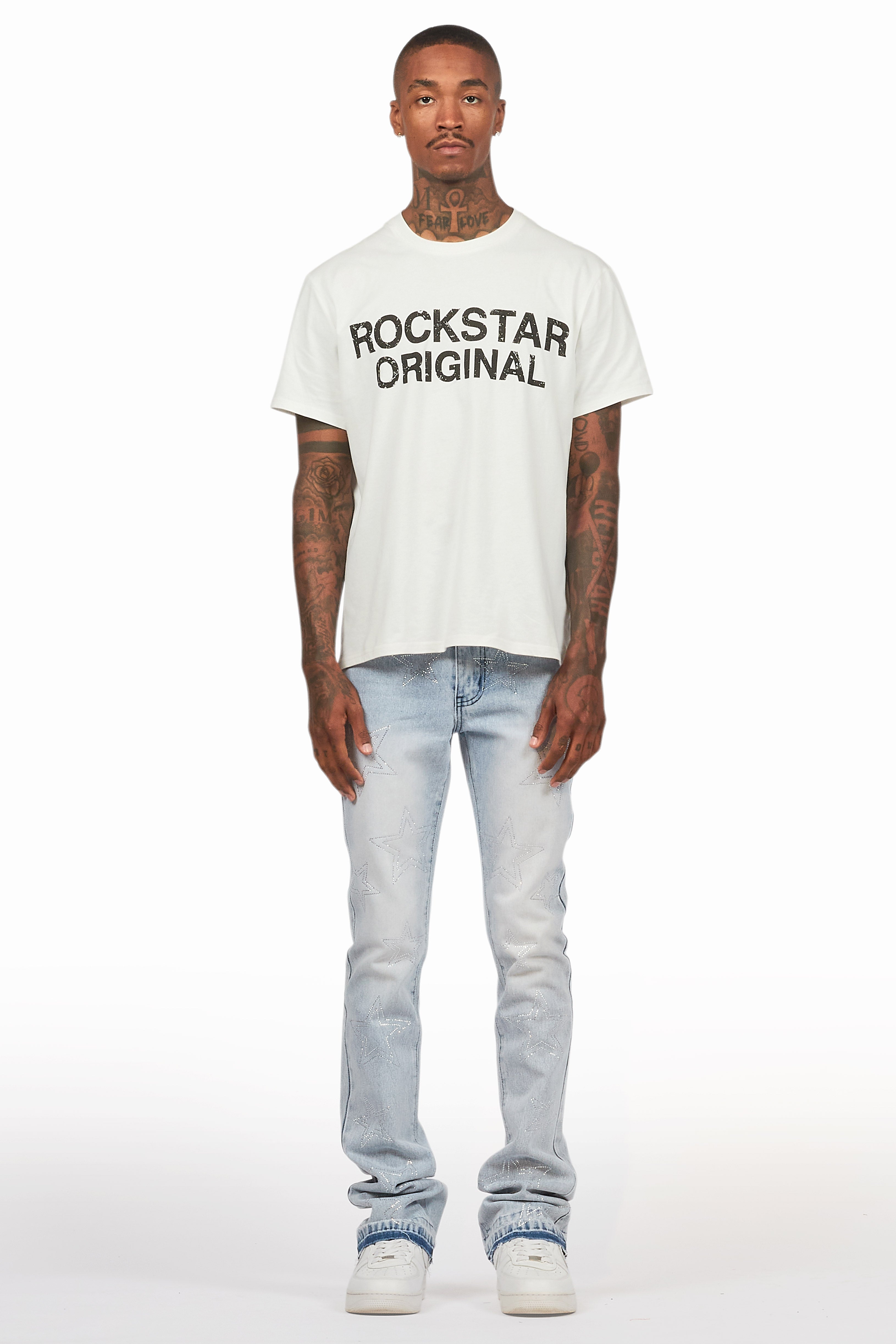 Kama Light Blue Rhinestone Stacked Flare Jean