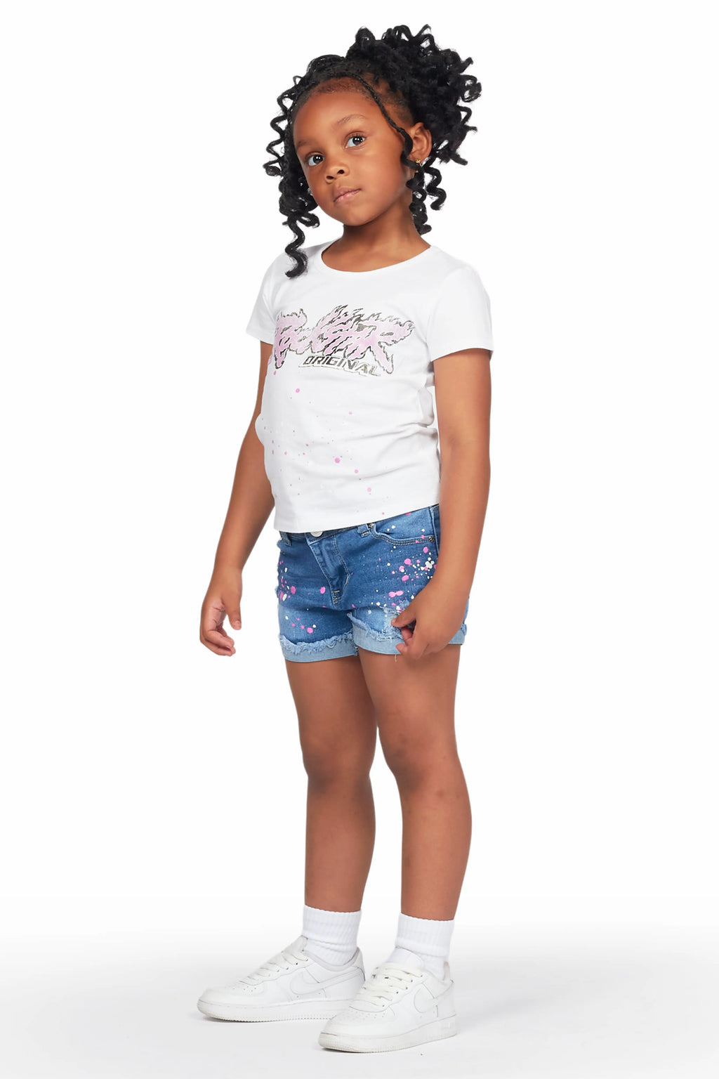 Girls Nahla White T-Shirt/Denim Short Set