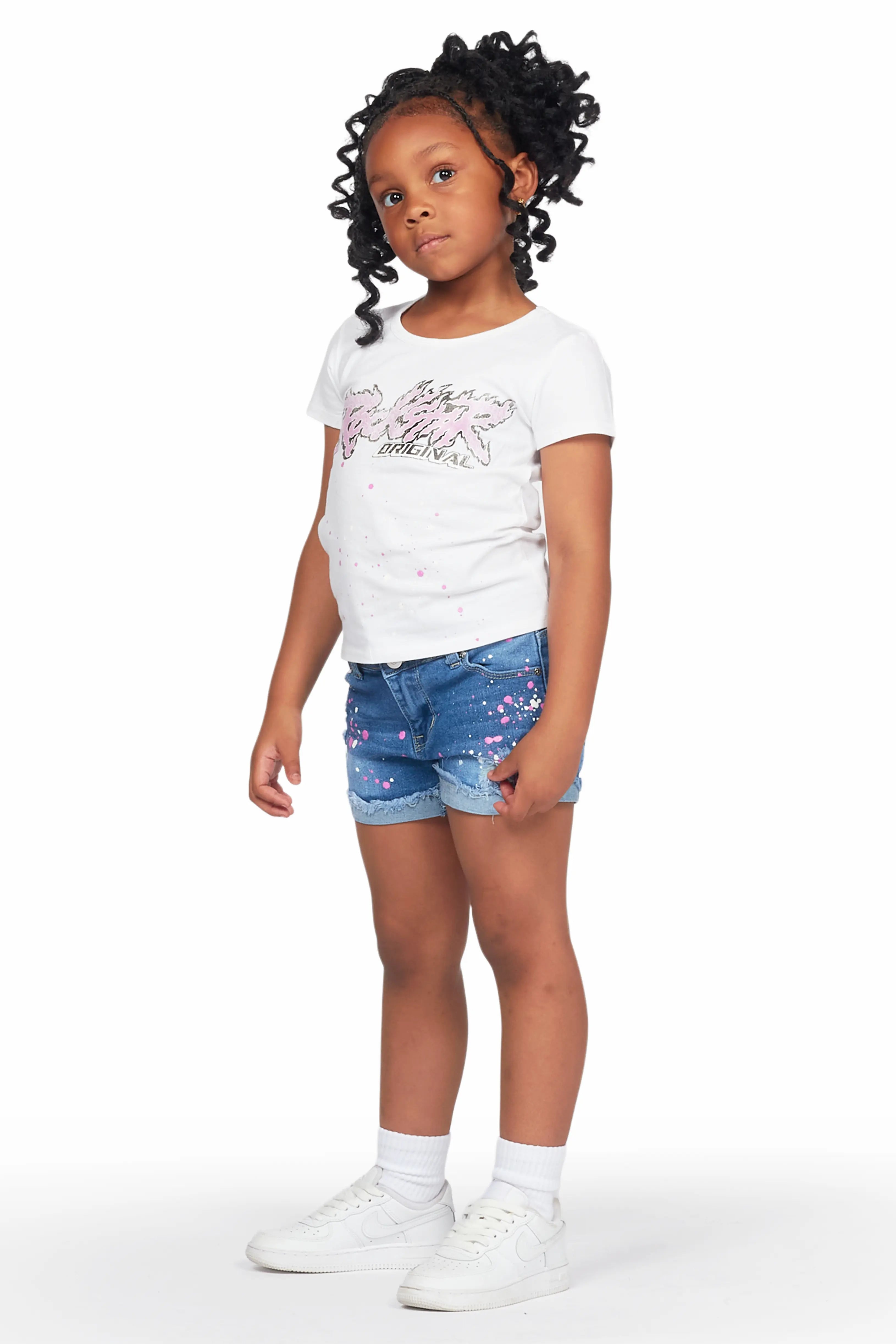 Girls Nahla White T-Shirt/Denim Short Set