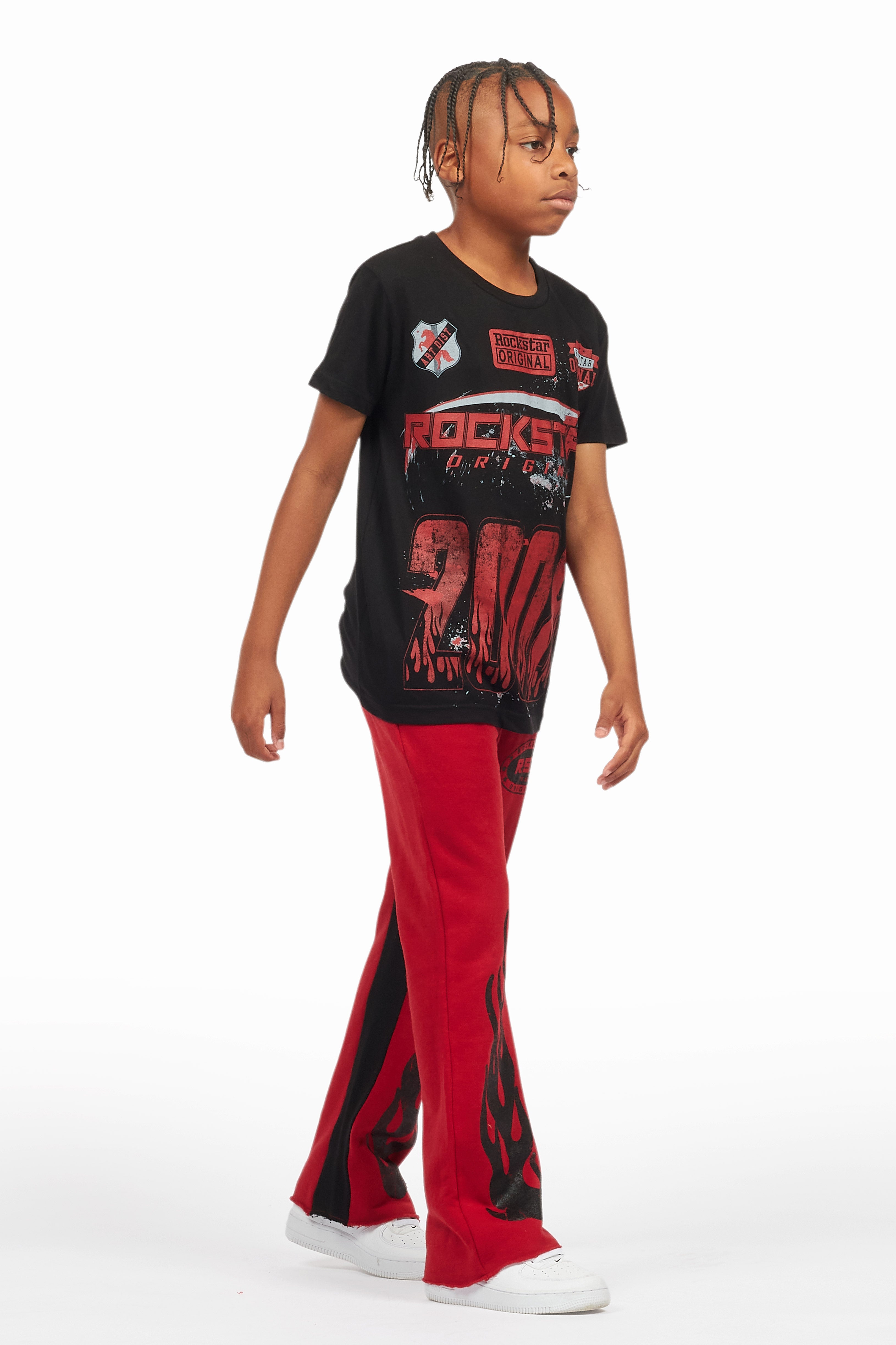 Boys Amos Black/Burgundy T-Shirt/Stacked Baggy Flare Pant Set
