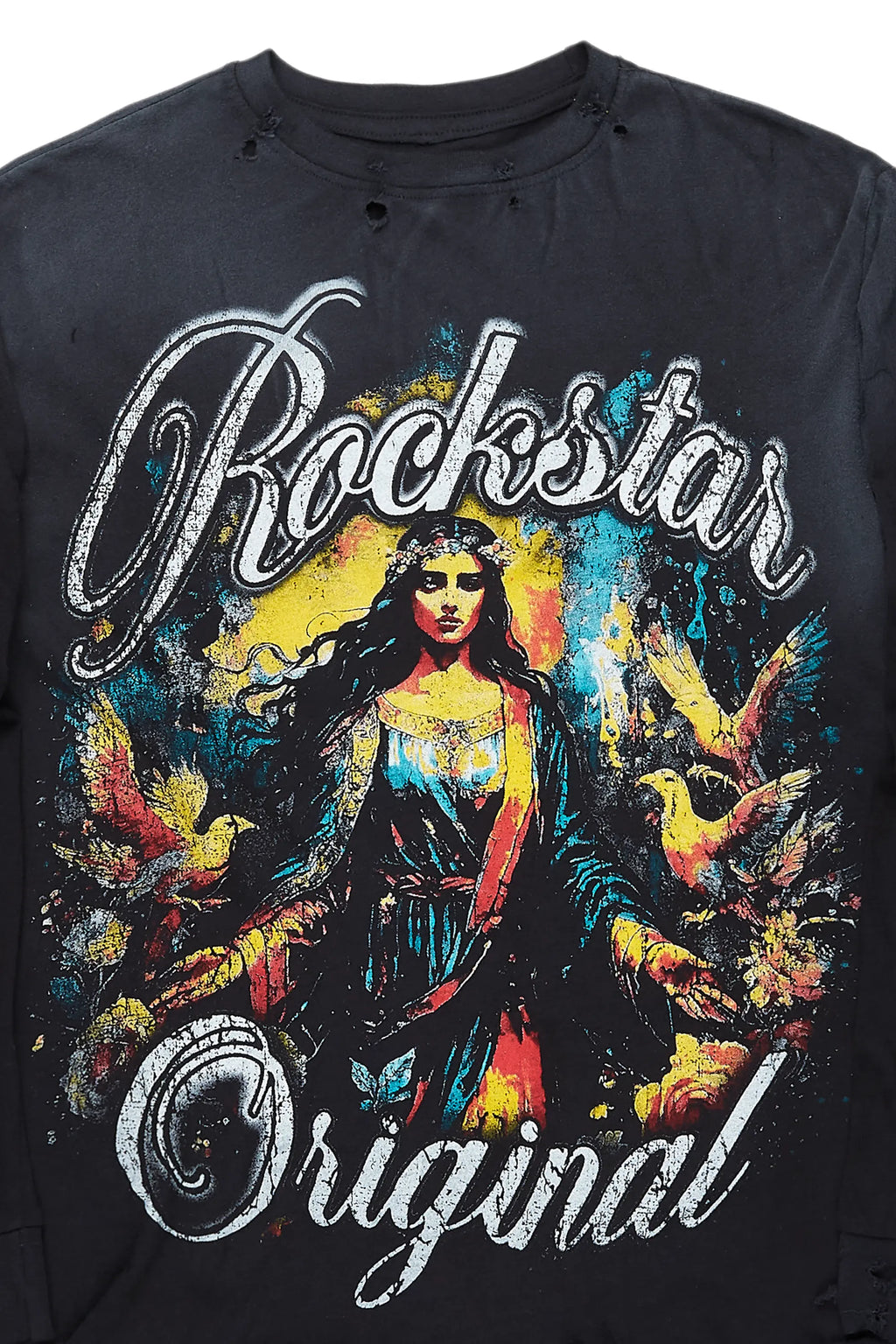 Santorini Black Long Sleeve Distressed Graphic T-Shirt