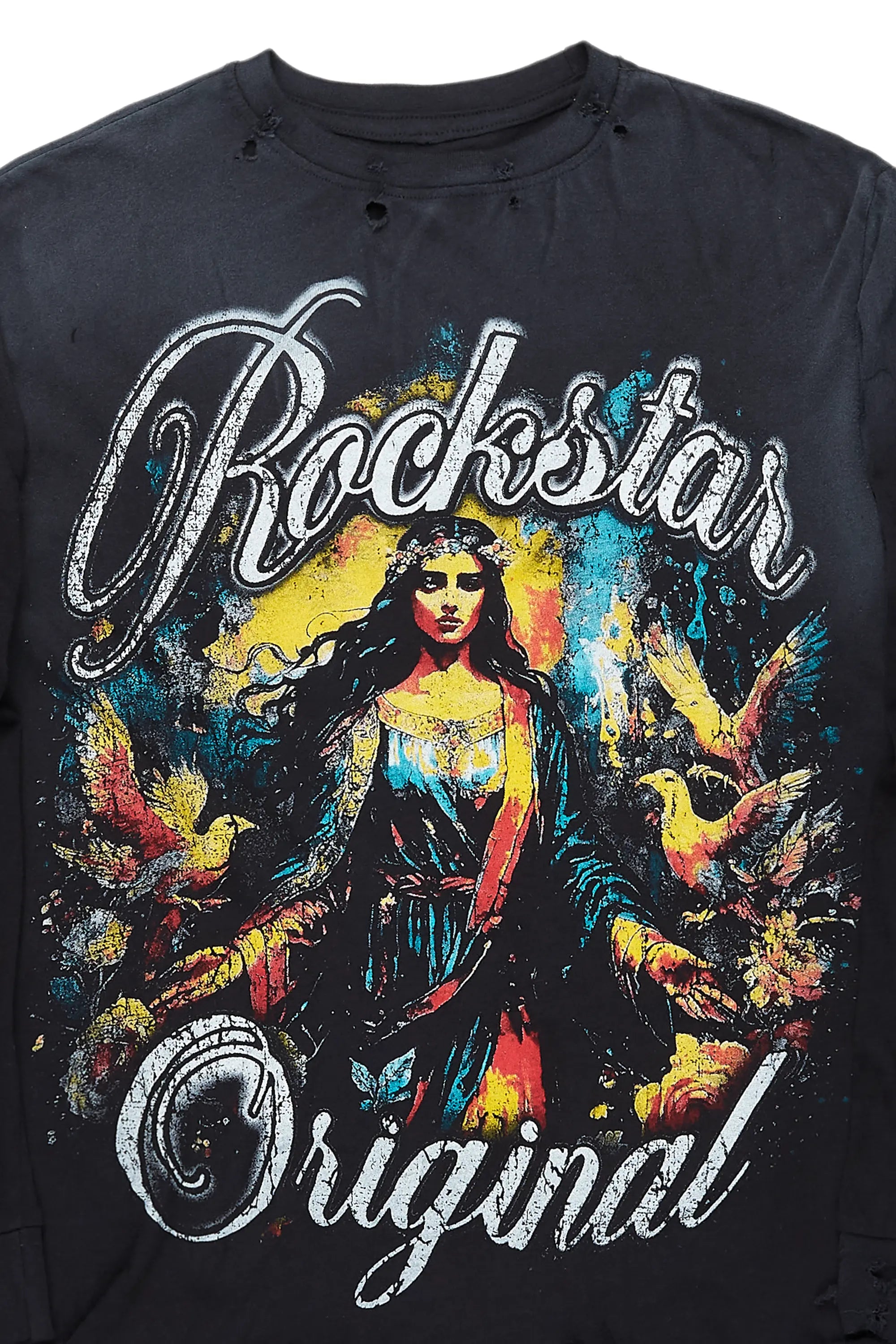 Santorini Black Long Sleeve Distressed Graphic T-Shirt