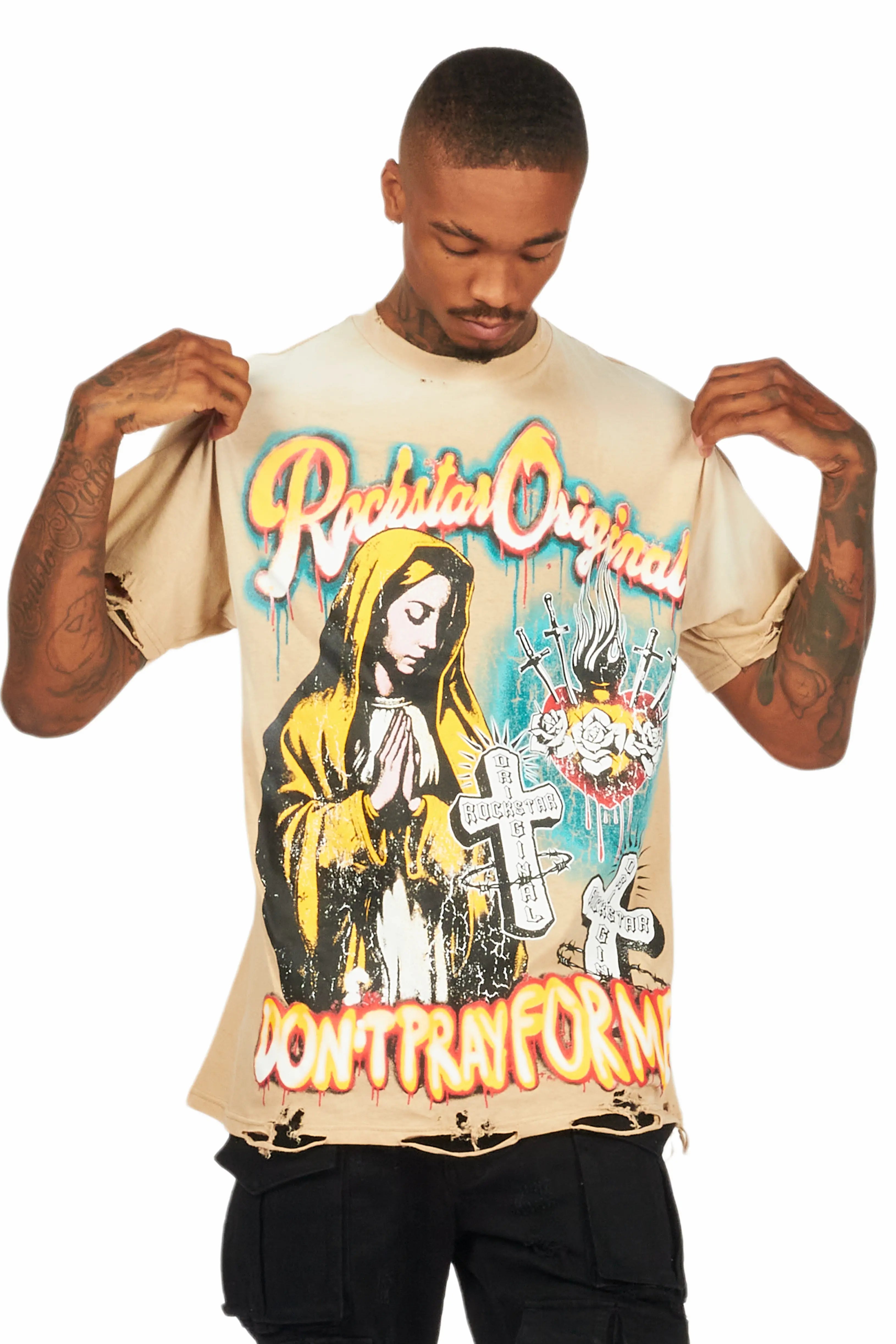 Loman Beige Oversized Graphic T-Shirt