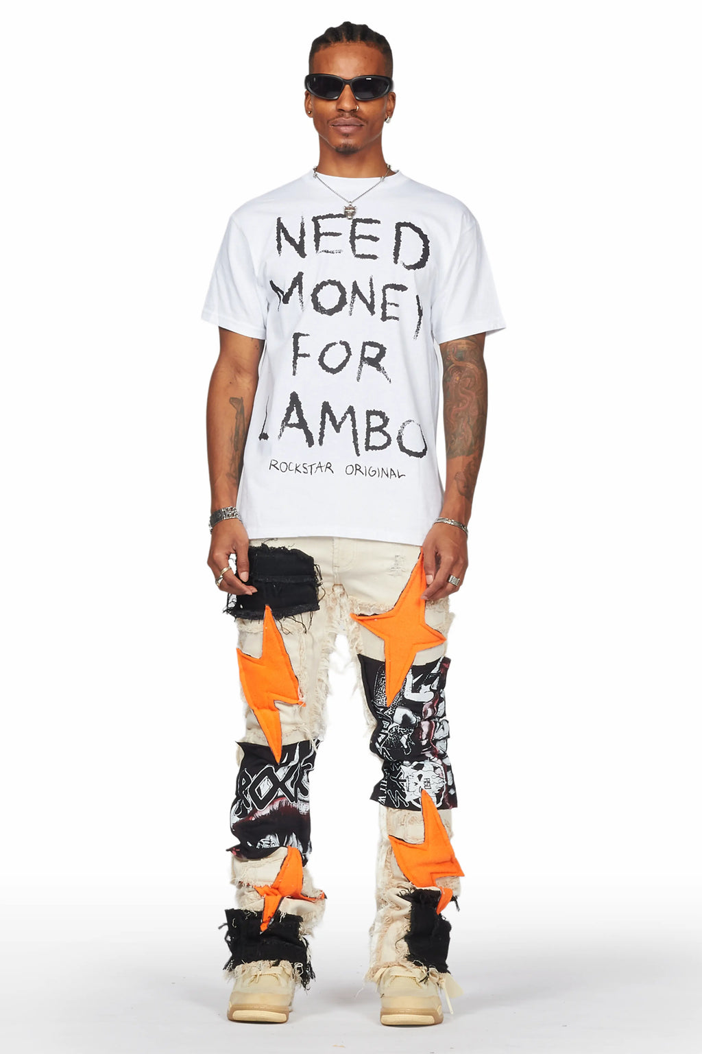 Calais Beige/Orange Patchwork Stacked Flare Jean