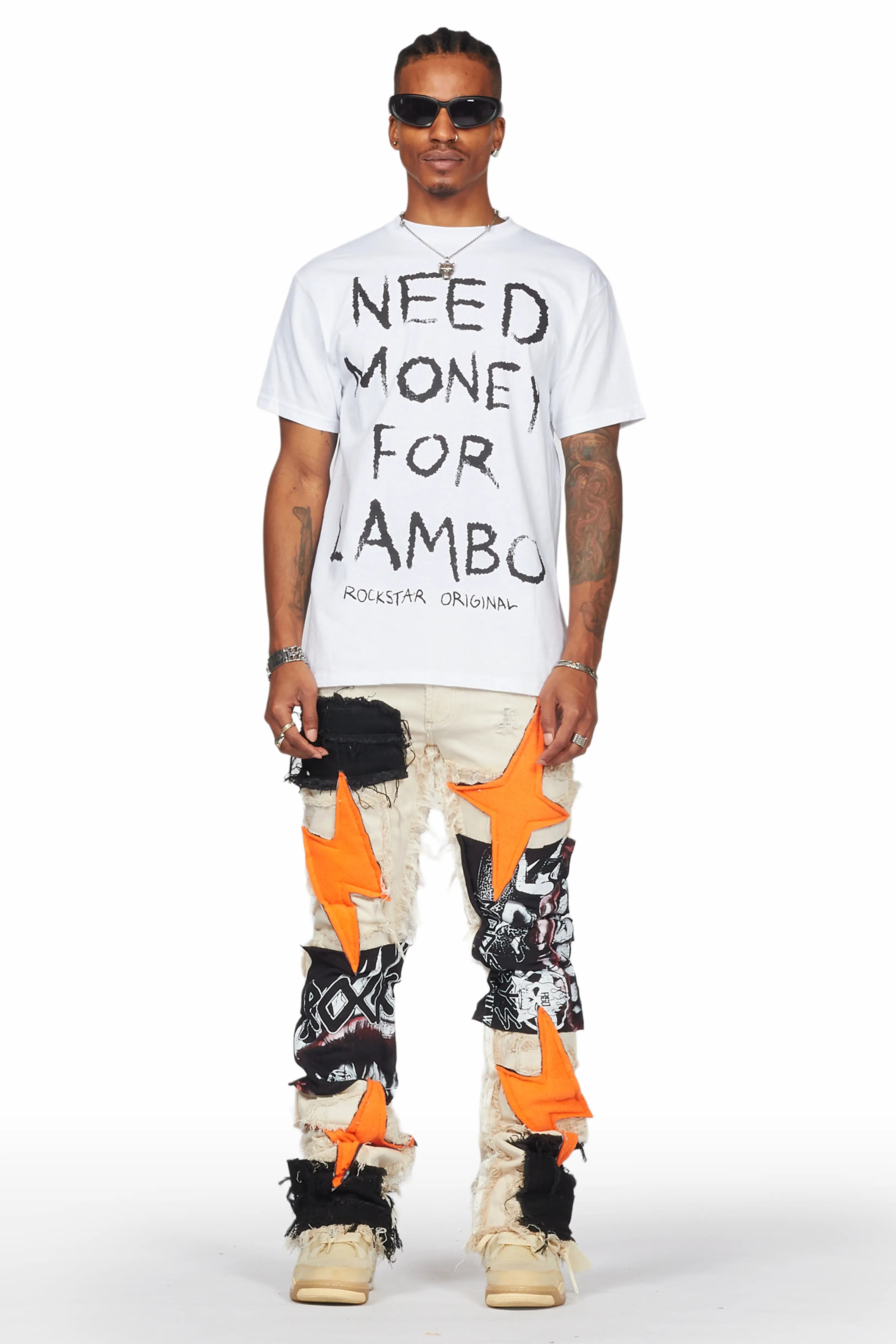 Calais Beige/Orange Patchwork Stacked Flare Jean