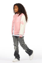 Girls Rosalyn Pink/White Varsity Jacket