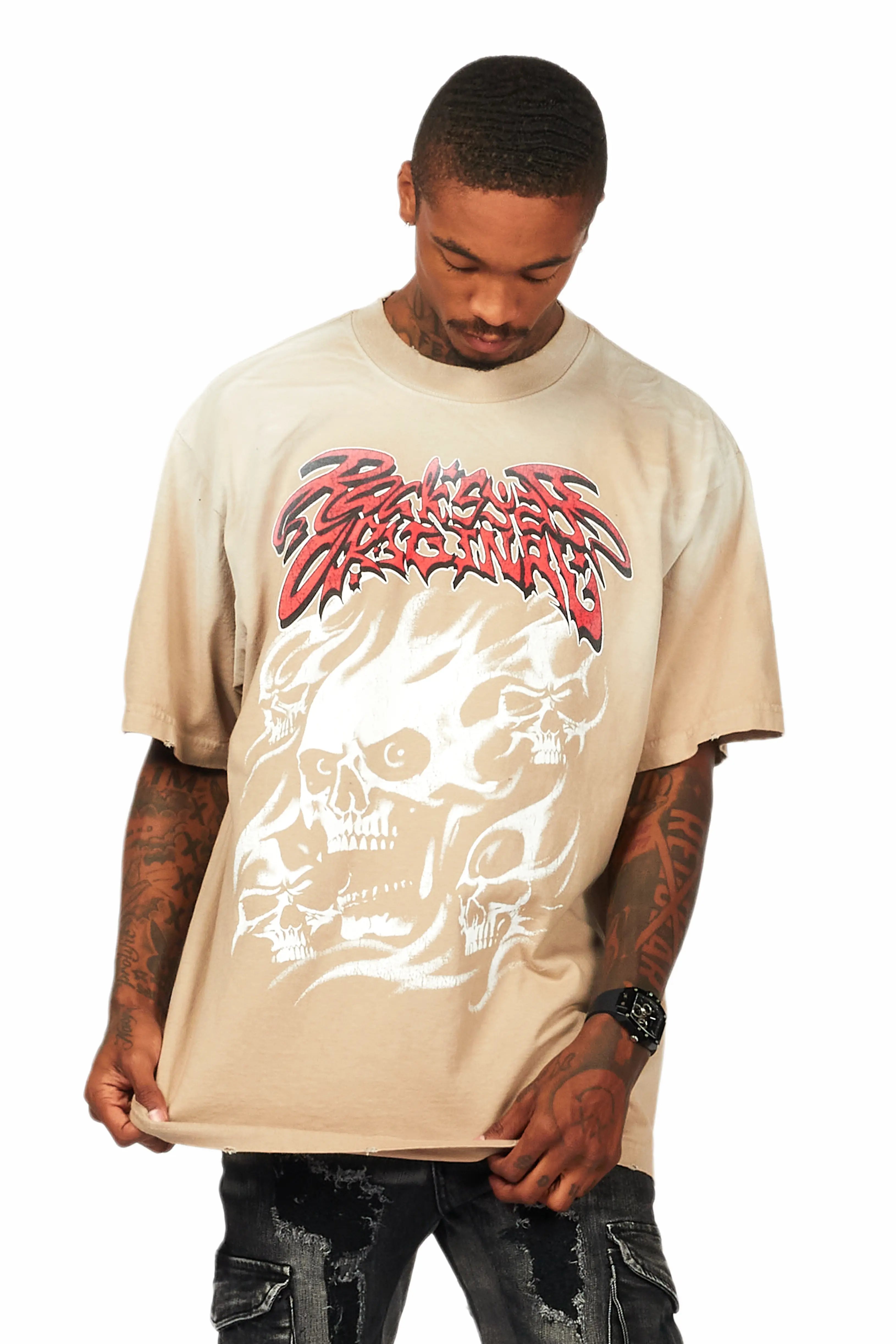 Tabby Beige Oversized Graphic T-Shirt