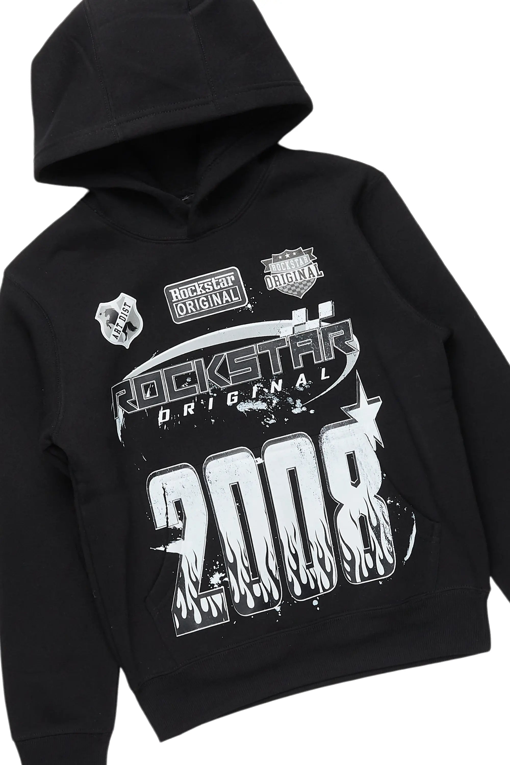 Boys Amos Black Distressed Hoodie/Stacked Flare Jean Set