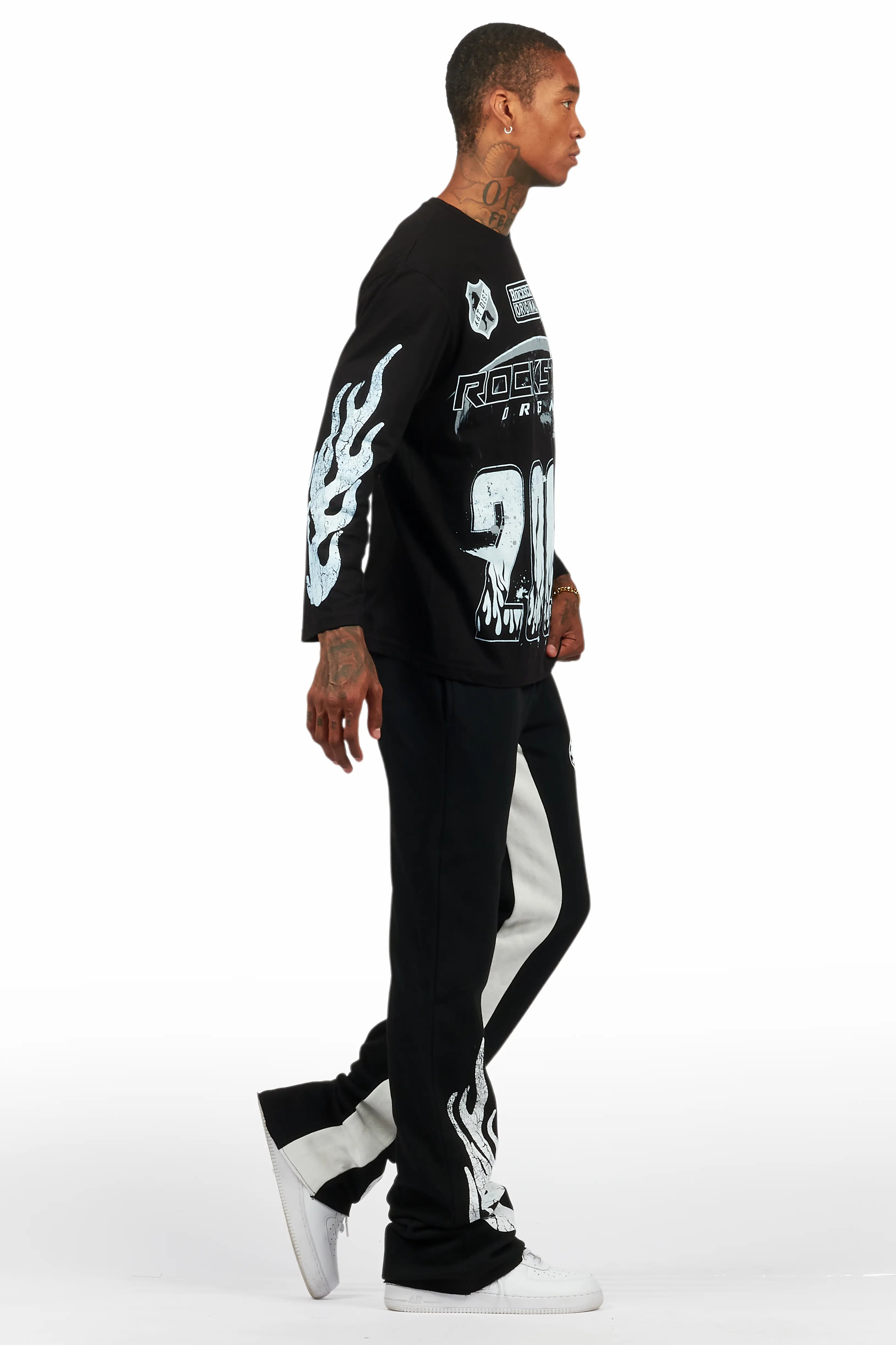 Amos Black/White Long Sleeve T-Shirt/Stacked Baggy Pant Set