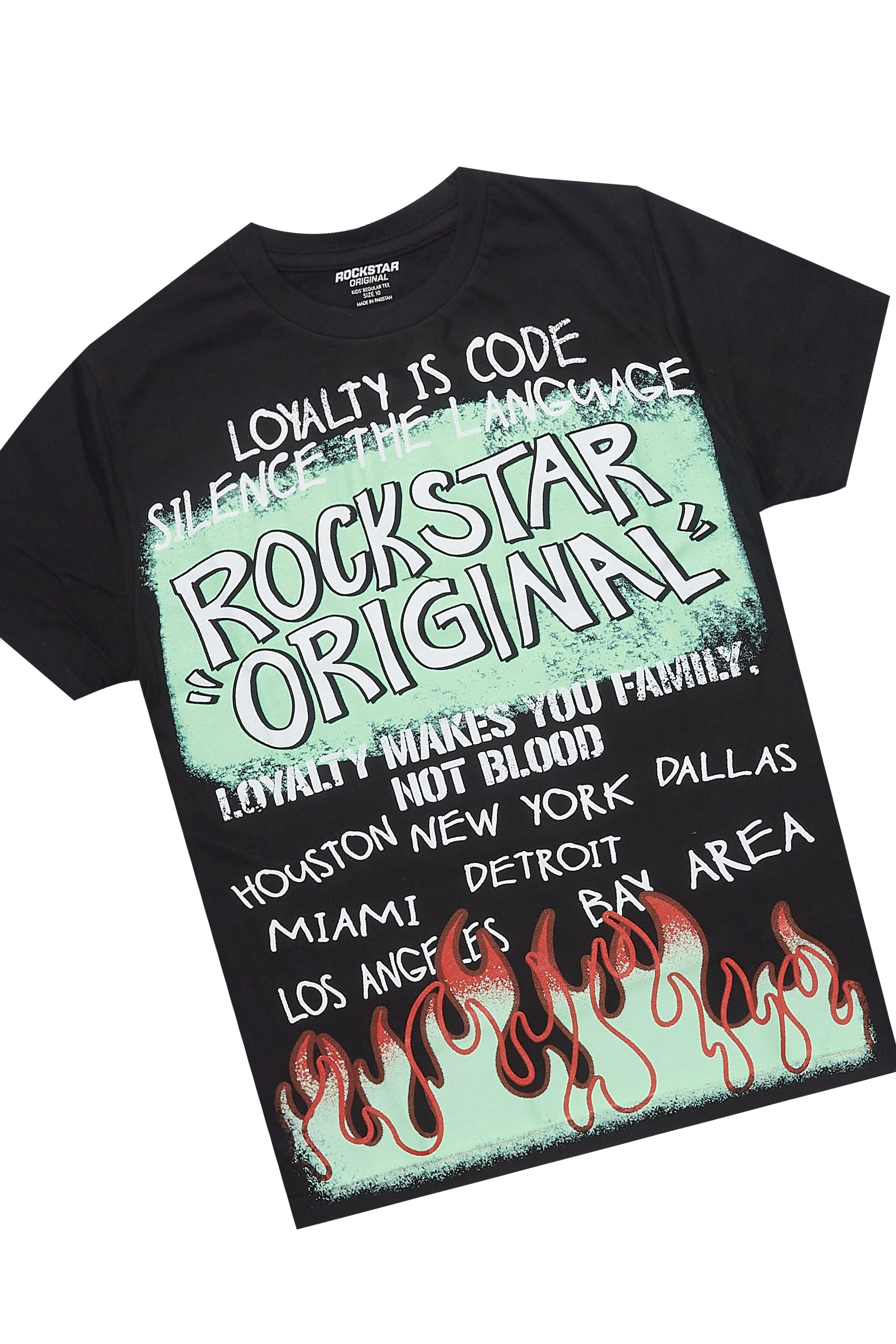 Boys Beno Black/Green T-Shirt/Stacked Flare Jean Set